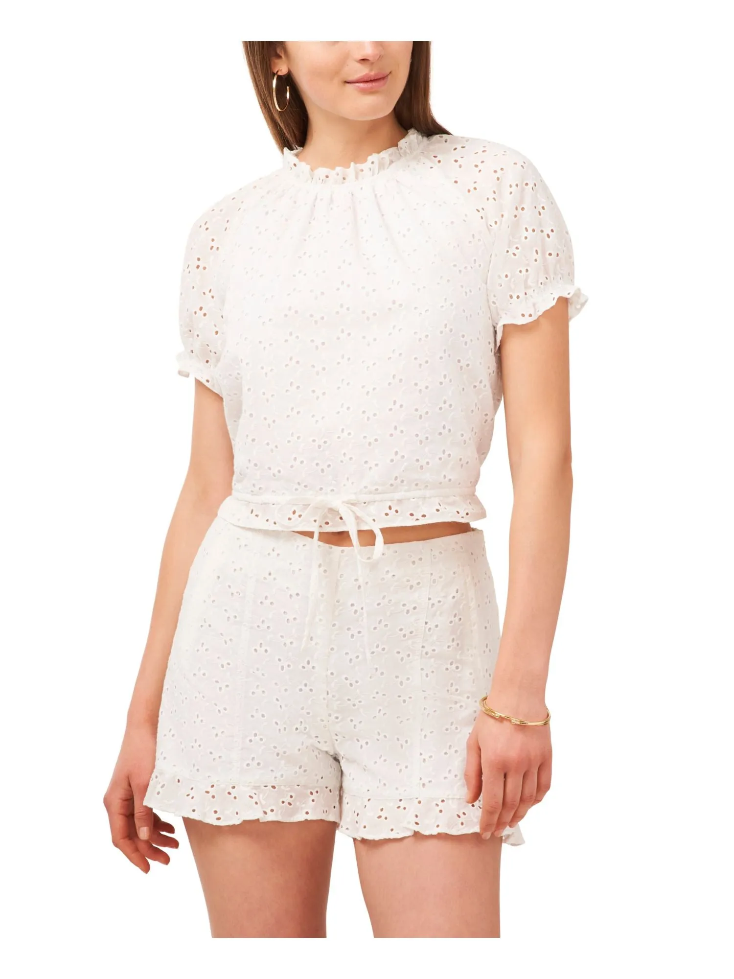 1. STATE Womens White Eyelet Ruffled Lined Tie At Waist Puff Sleeve Raglan Sleeve Round Neck Crop Top