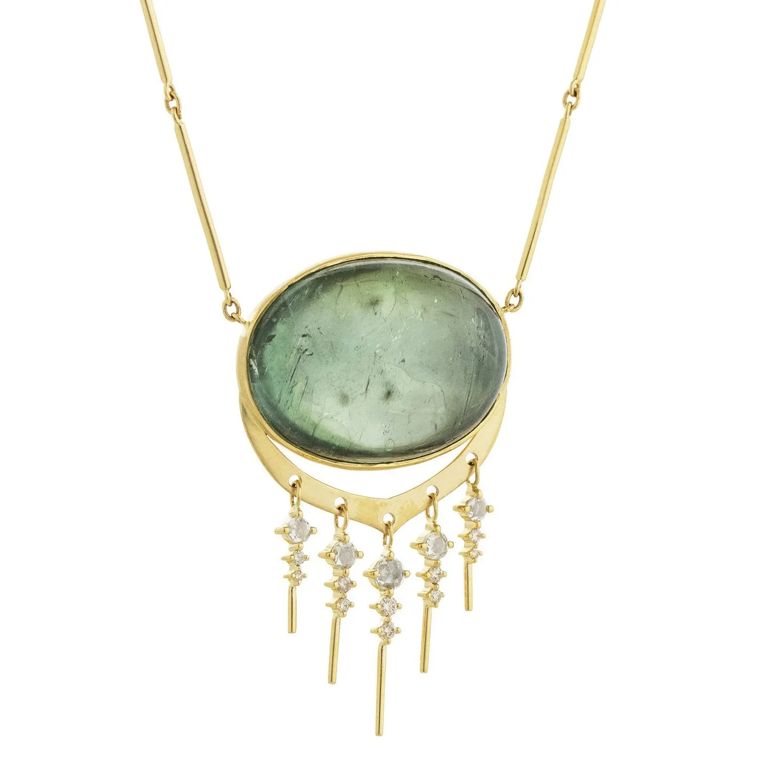 14K Gold Cabochon Oval Green Tourmaline Necklace with Diamond Fringe