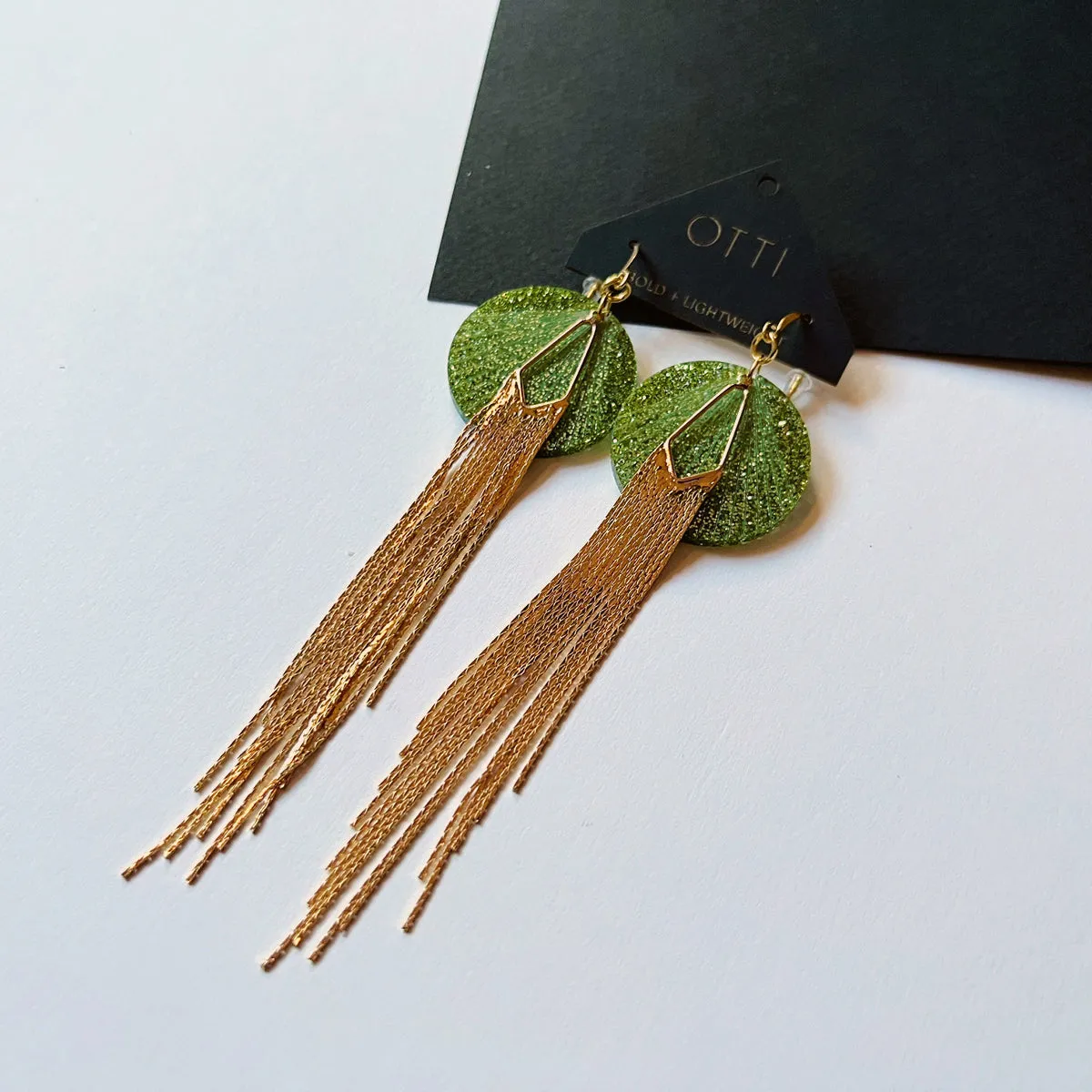 18K Gold Glamour Fringe earring: OLIVE glitter acrylic