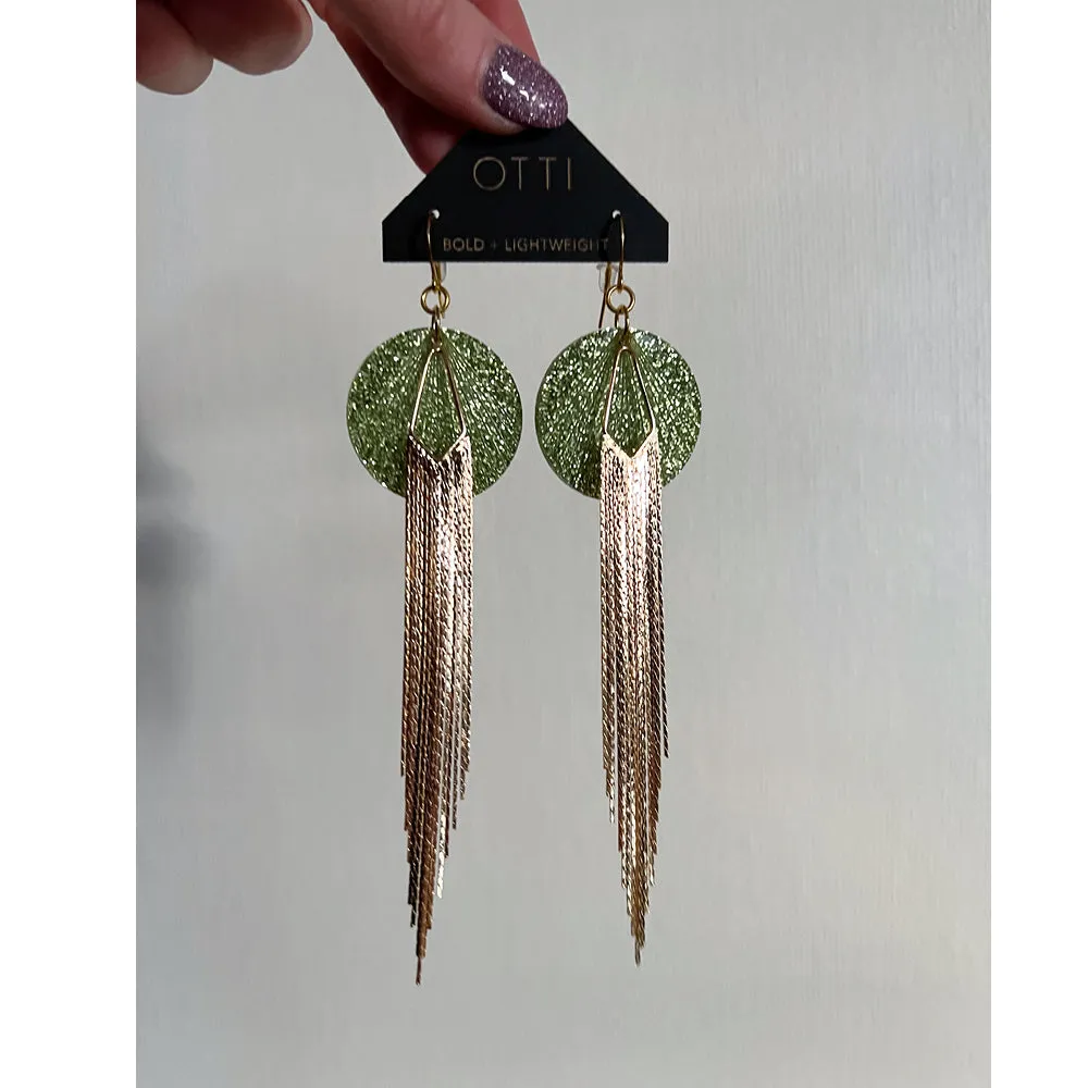 18K Gold Glamour Fringe earring: OLIVE glitter acrylic