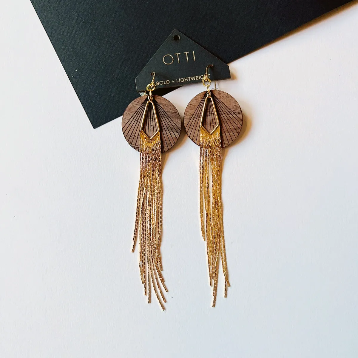 18K Gold Glamour Fringe earring: WALNUT real wood detail