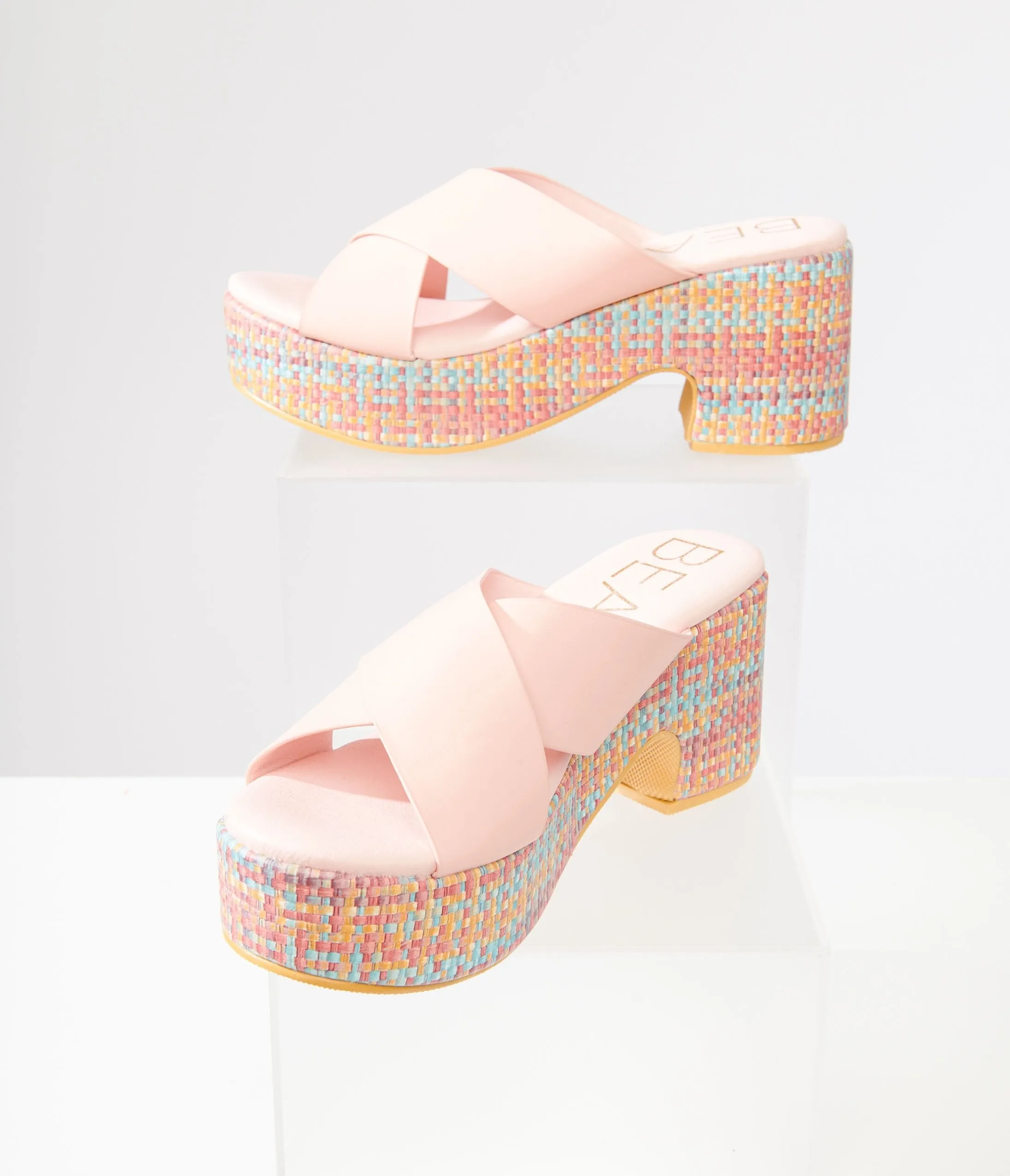 1970s Pink & Rainbow Woven Nellie Platform Sandals