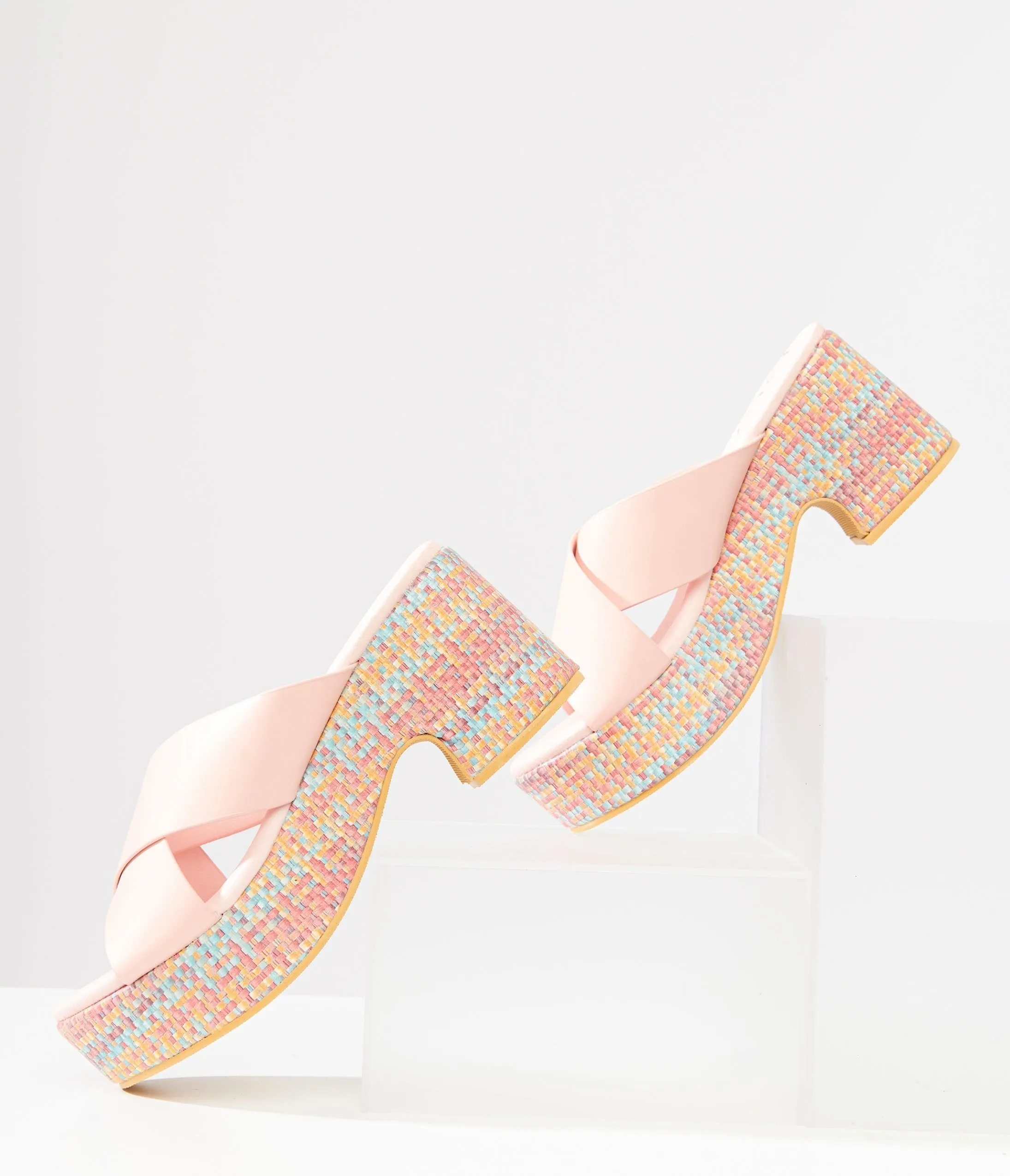 1970s Pink & Rainbow Woven Nellie Platform Sandals