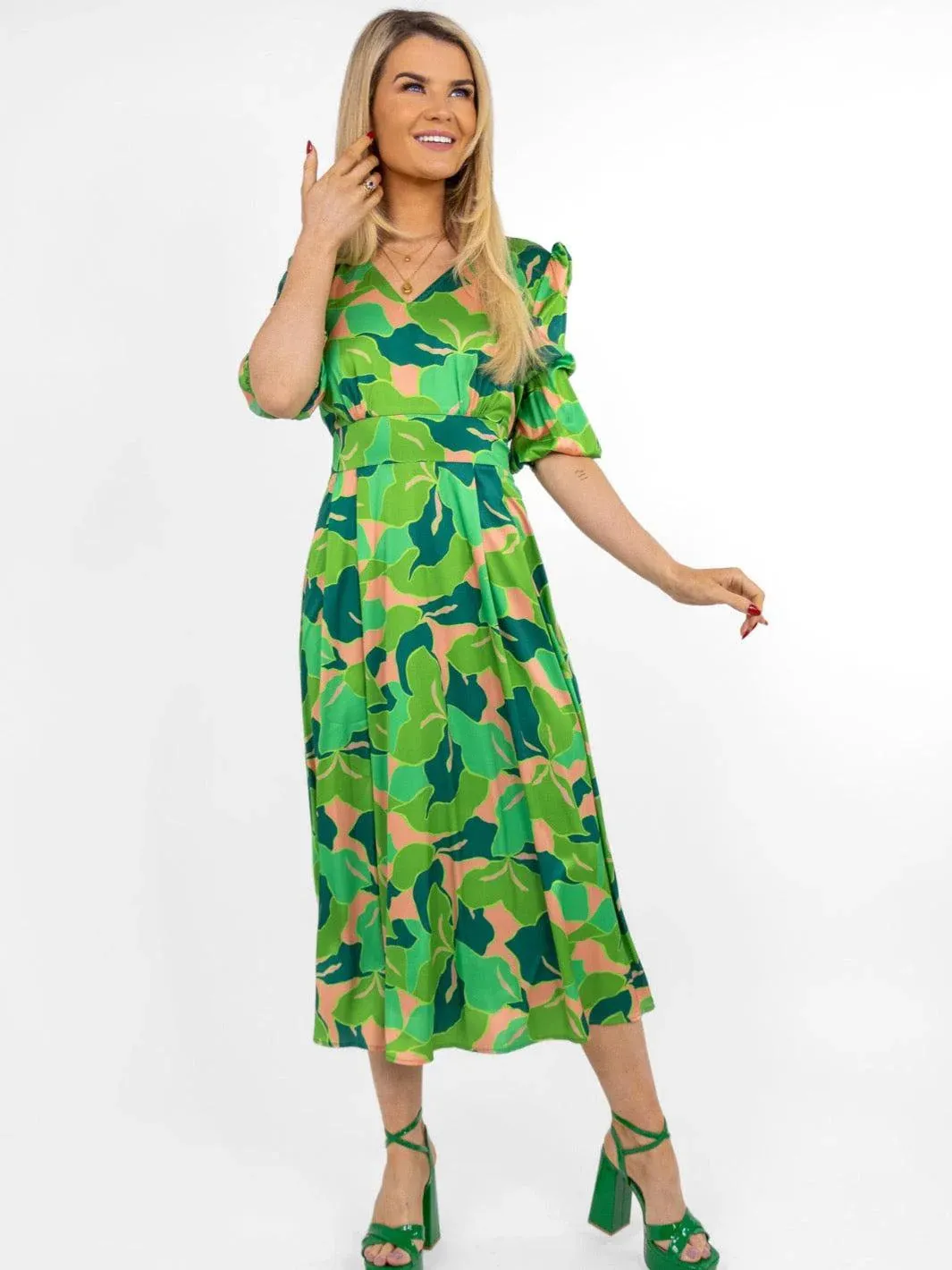 Audrey Green Midi Print Dress- Kate & Pippa