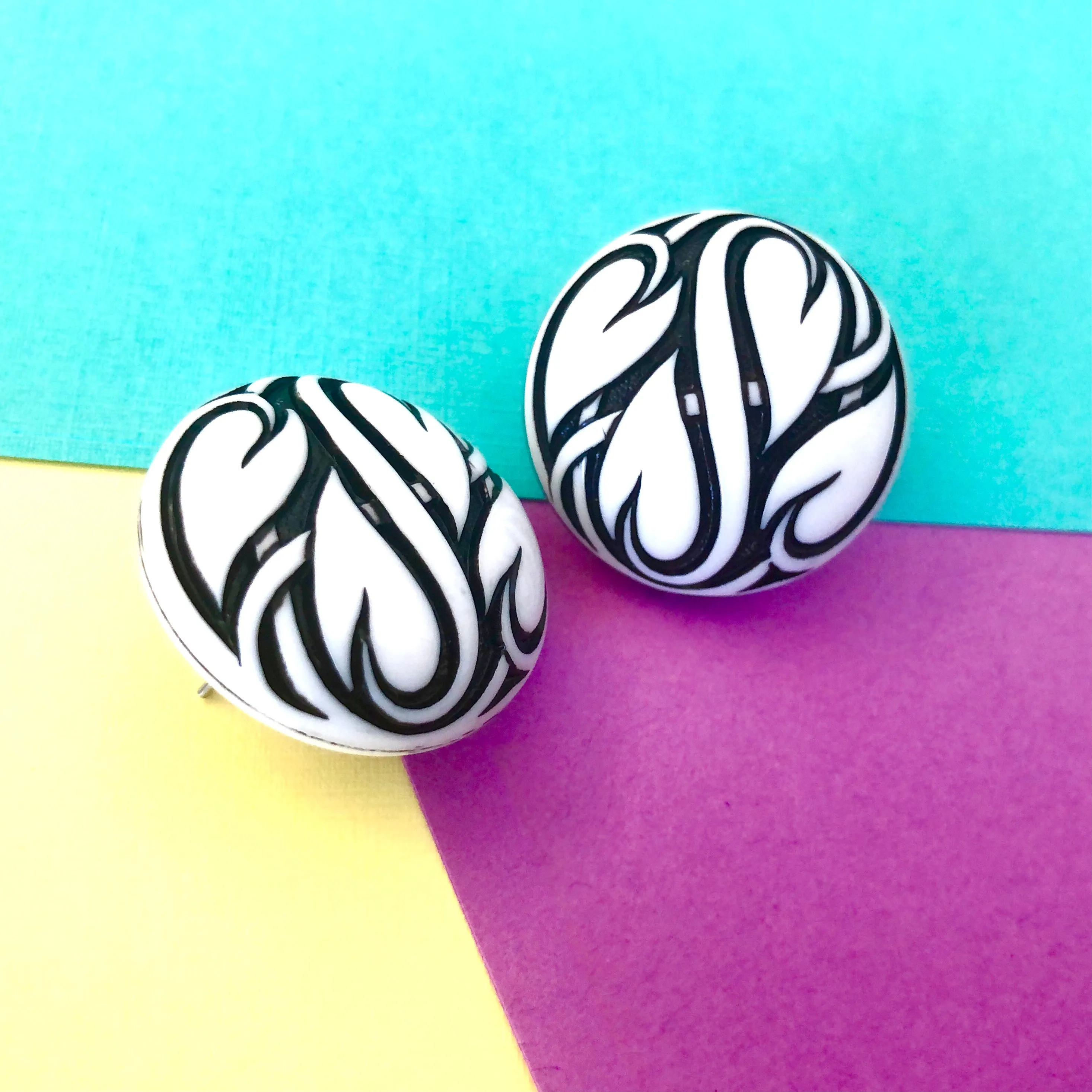 Black & White Hearts Aflame Retro Button Stud Earrings