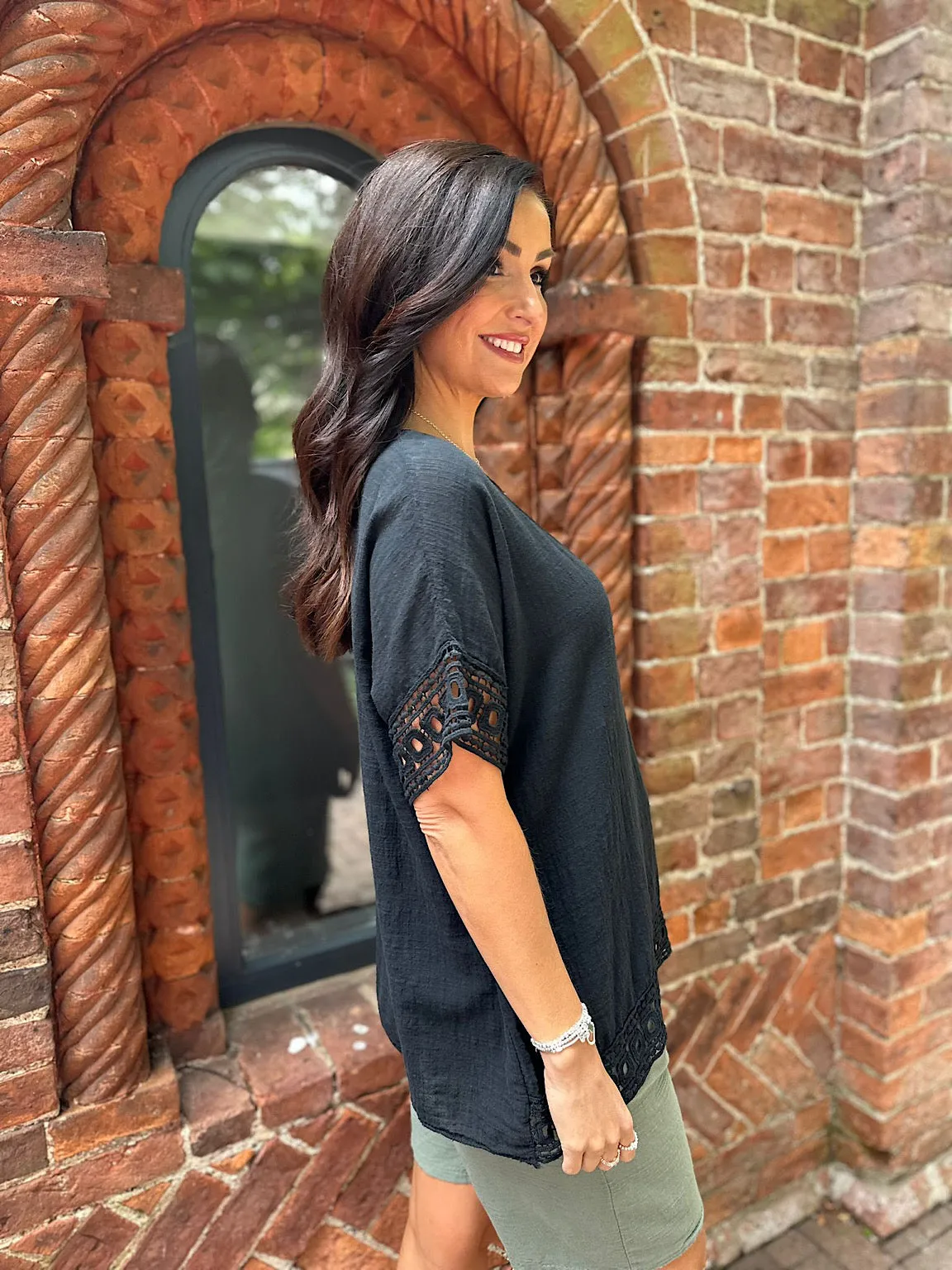 Black Crochet Trim Top Rachel