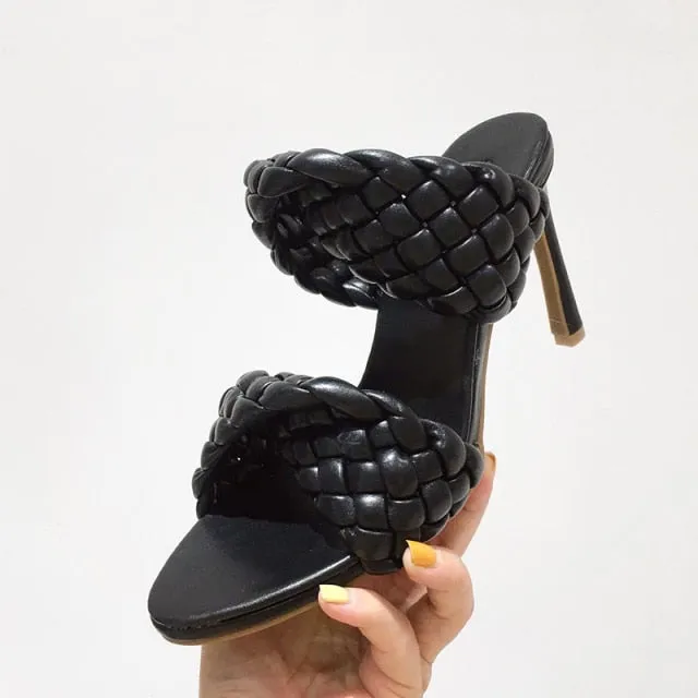 Black Weave Synthetic Leather Pointed Toe Slip-on High Heel Pumps for Women