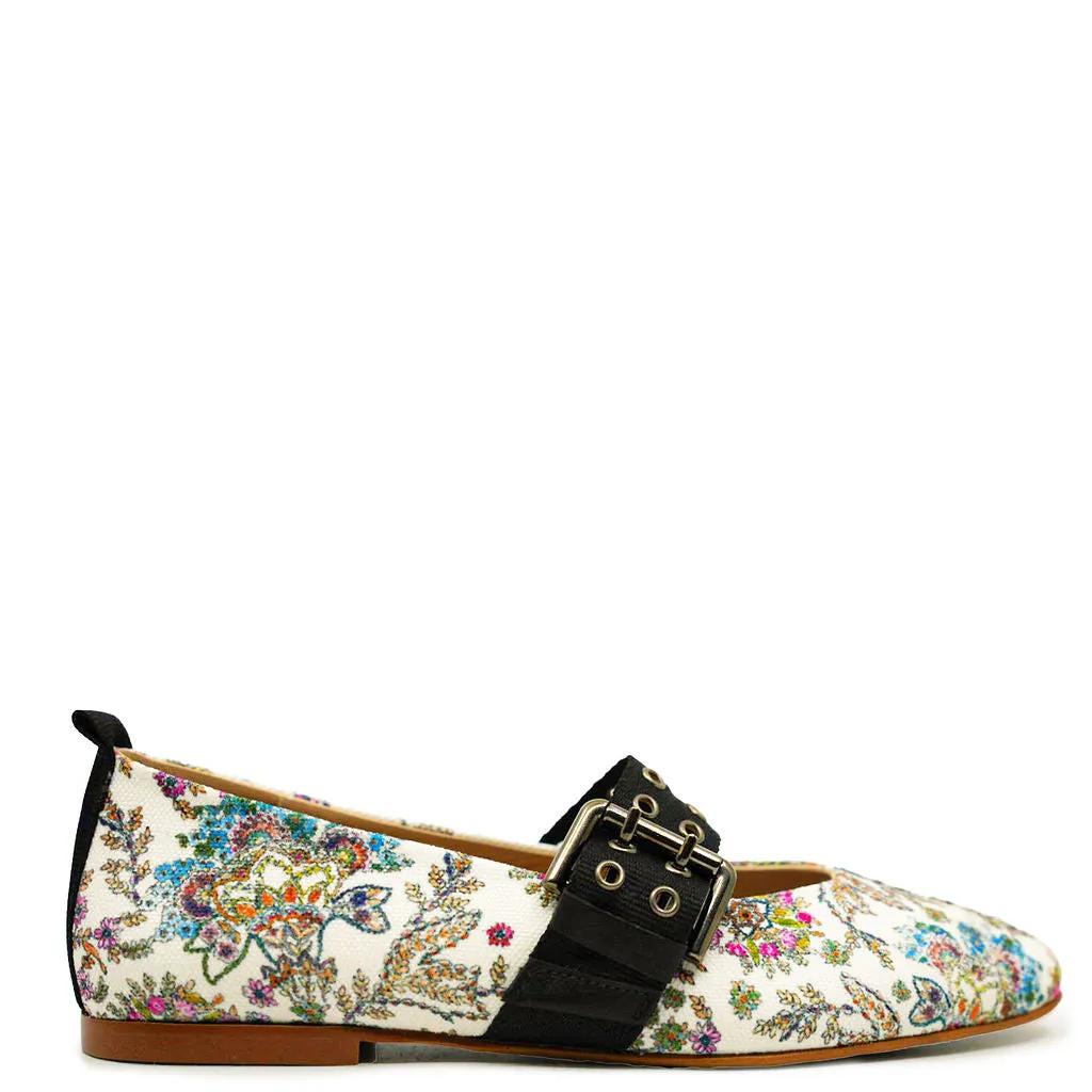 Blublonc Floral Printed Pointed Buckle Shoe