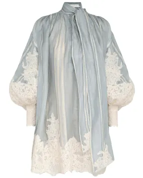 Blue and Cream Lyrical Lace Tie Mini Dress