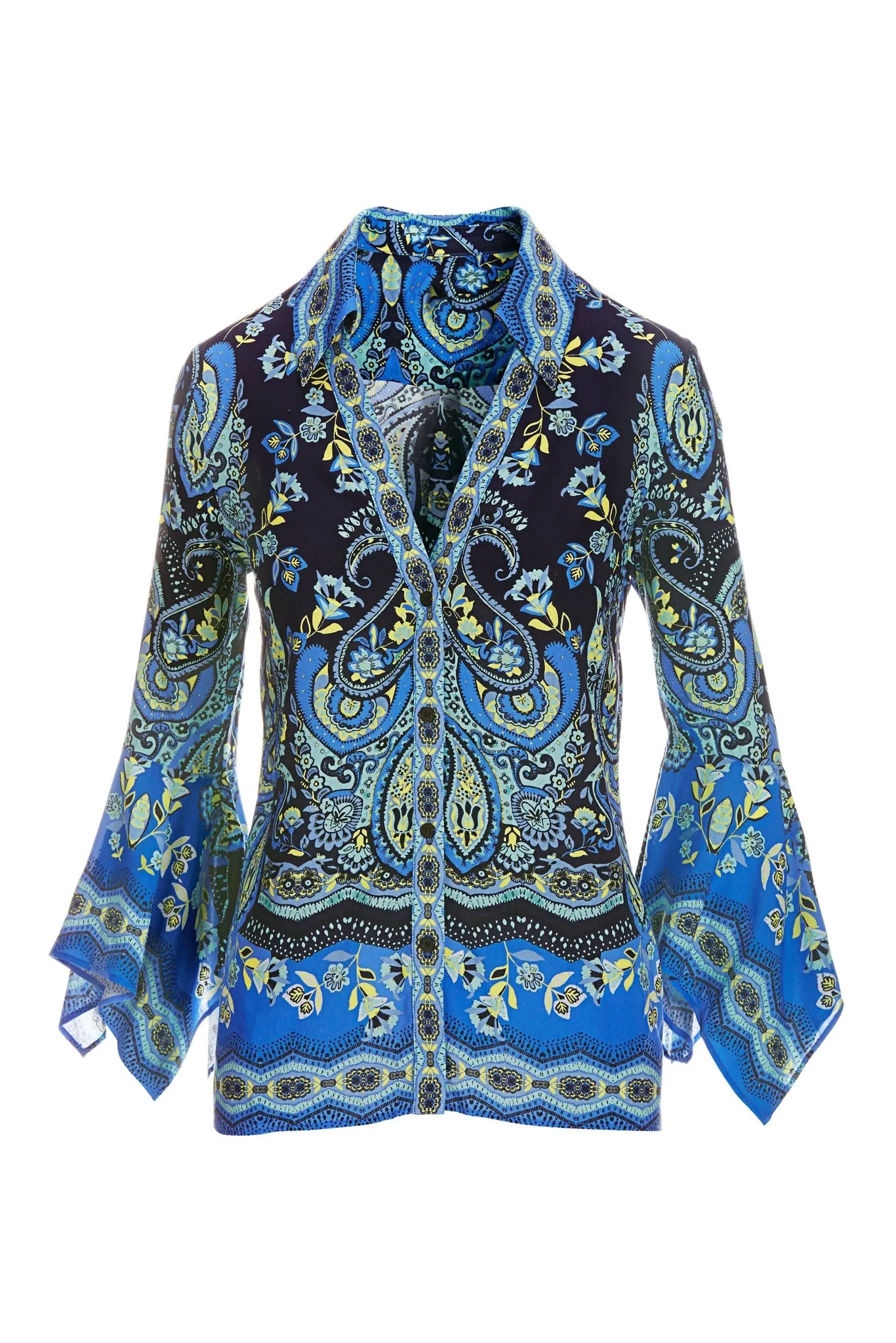 Border Print Flare Sleeve Shirt Blue