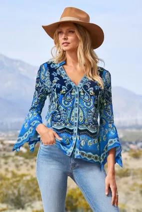 Border Print Flare Sleeve Shirt Blue