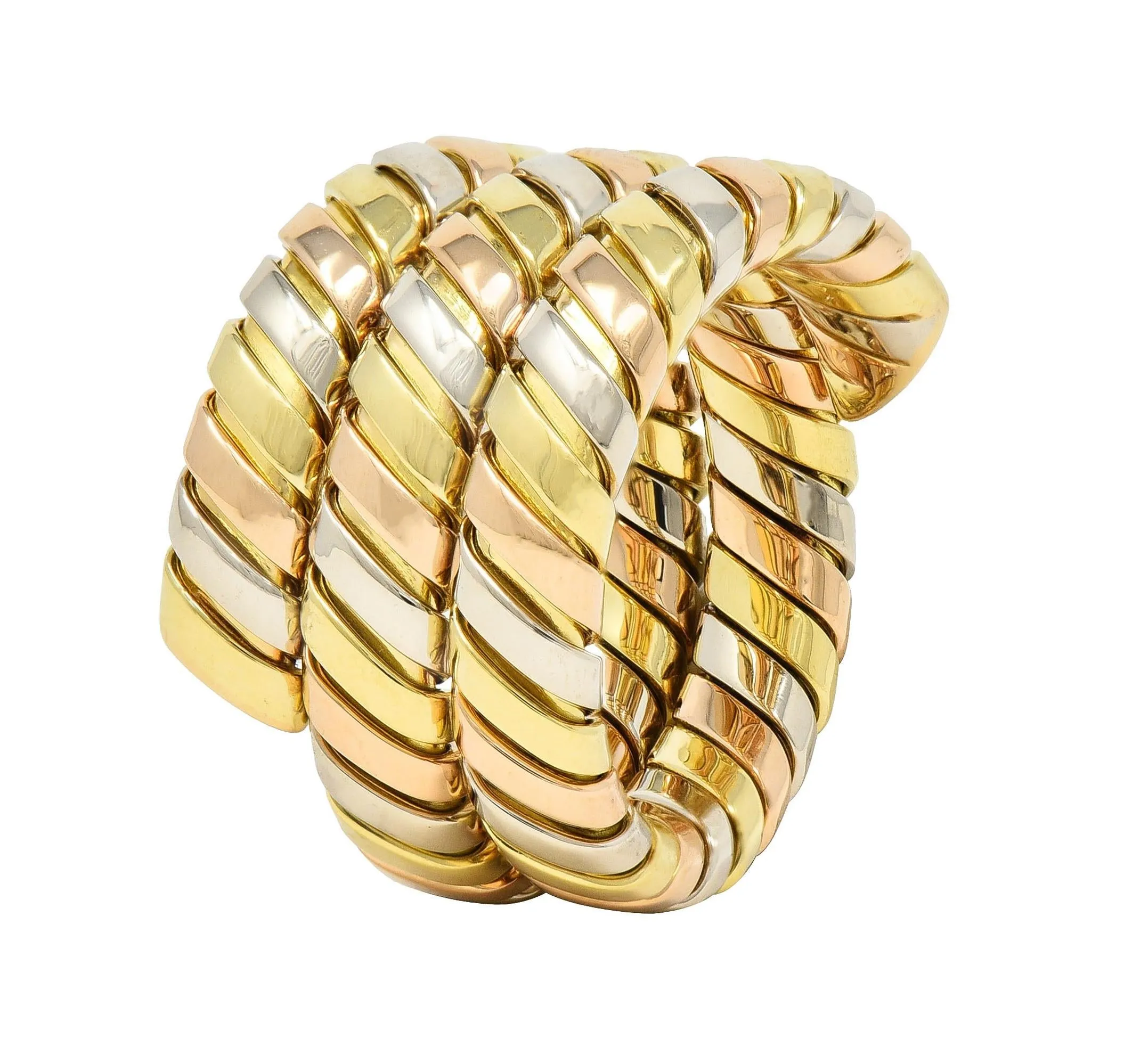 Bulgari 18 Karat Rose Yellow White Tri-Gold Tubogas Serpenti Triple Wrap Vintage Ring