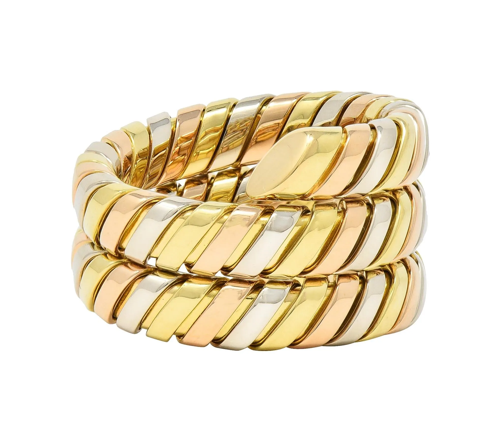 Bulgari 18 Karat Rose Yellow White Tri-Gold Tubogas Serpenti Triple Wrap Vintage Ring