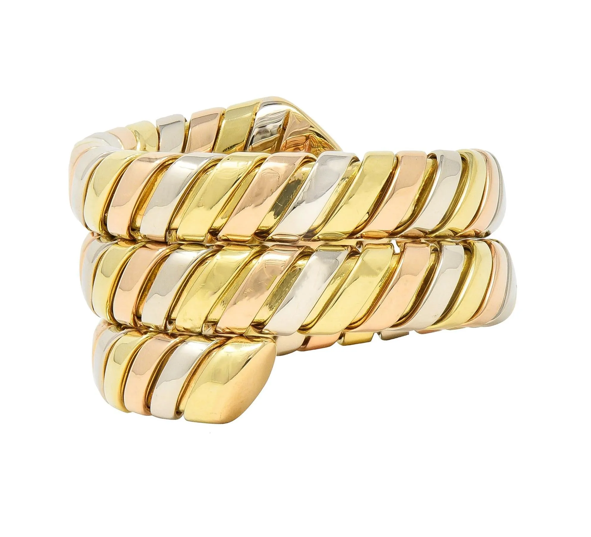 Bulgari 18 Karat Rose Yellow White Tri-Gold Tubogas Serpenti Triple Wrap Vintage Ring