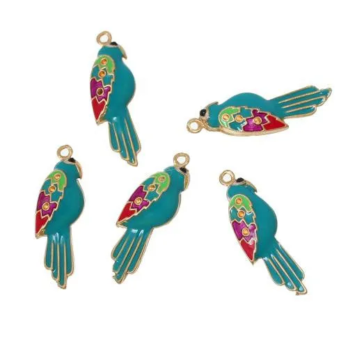 Charms, Bird, Parrot, Single-Sided, Teal, Enameled, Light Gold Alloy, 30mm