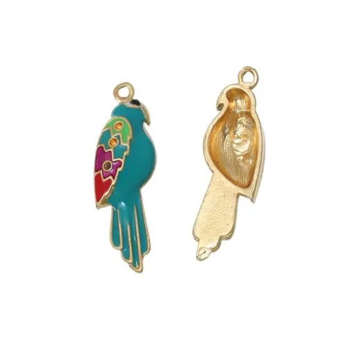 Charms, Bird, Parrot, Single-Sided, Teal, Enameled, Light Gold Alloy, 30mm