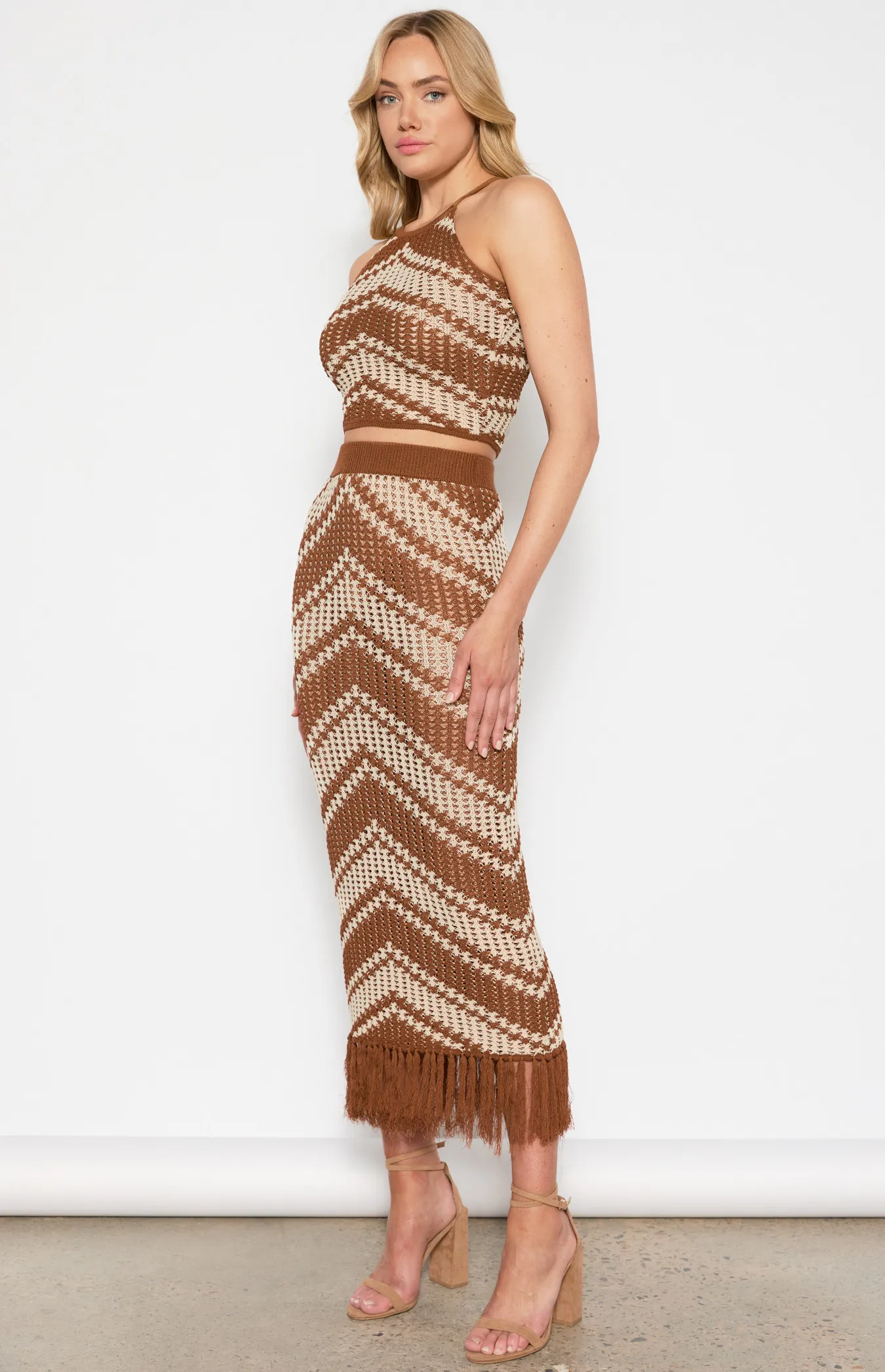 Contrast Stripe Crochet Knit Set with Top and Fringe Skirt (WKN635)