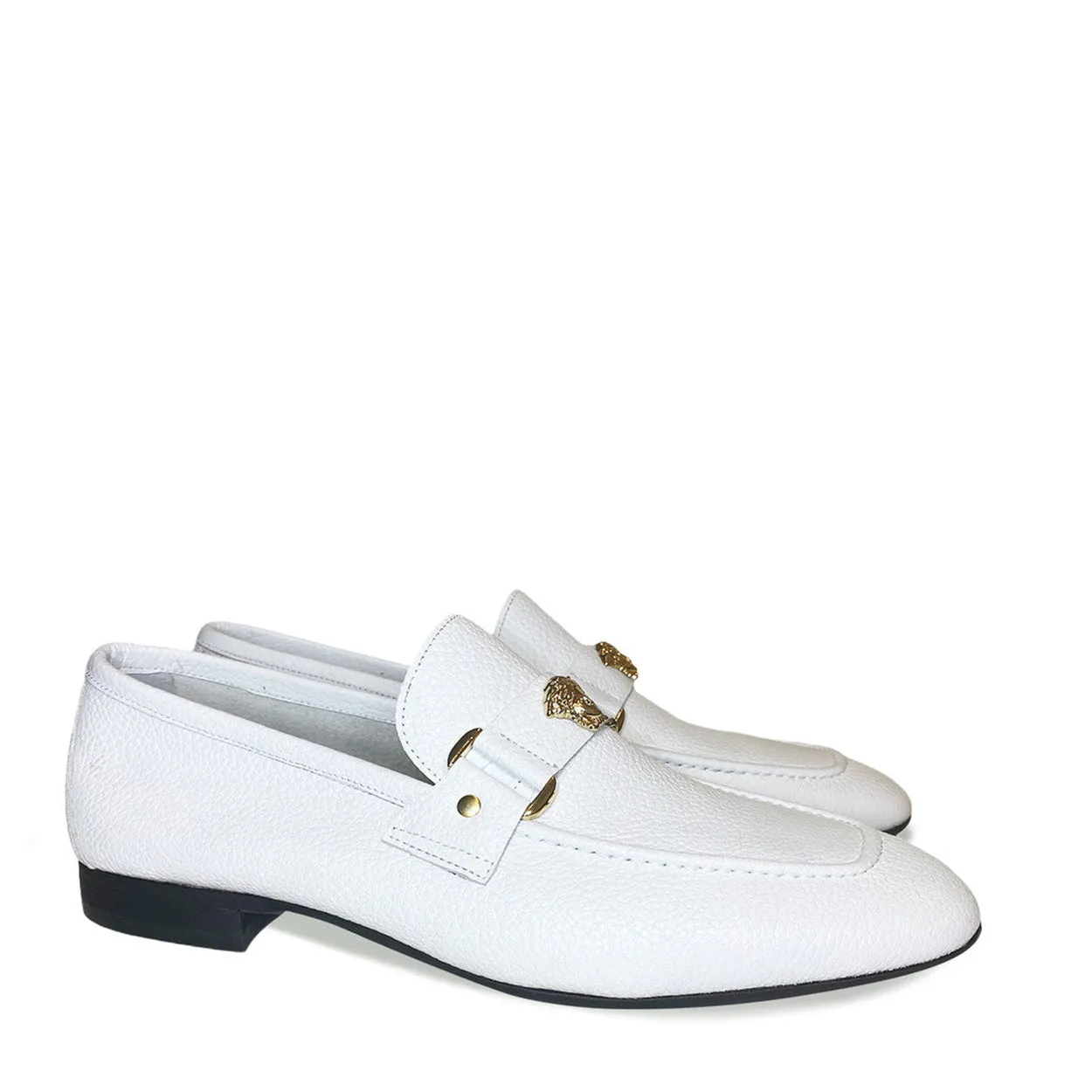 Corrente P000667 5229 Men's Shoes White Leather with Medusa Ornament Slip On Loafers (CRT1431)