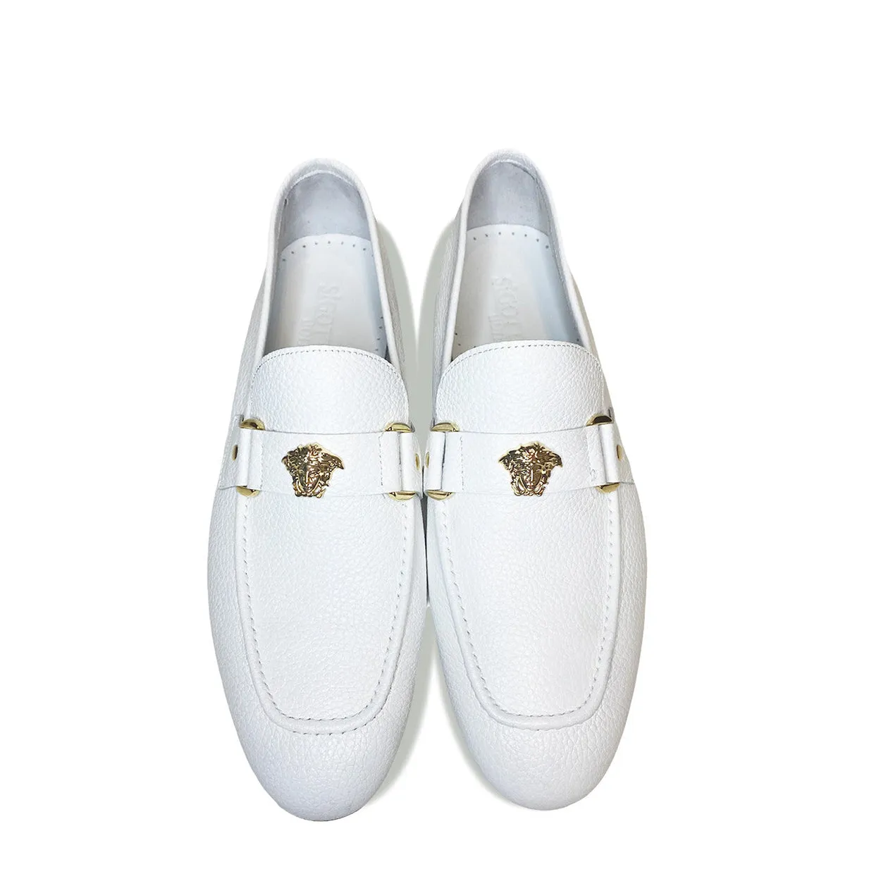 Corrente P000667 5229 Men's Shoes White Leather with Medusa Ornament Slip On Loafers (CRT1431)