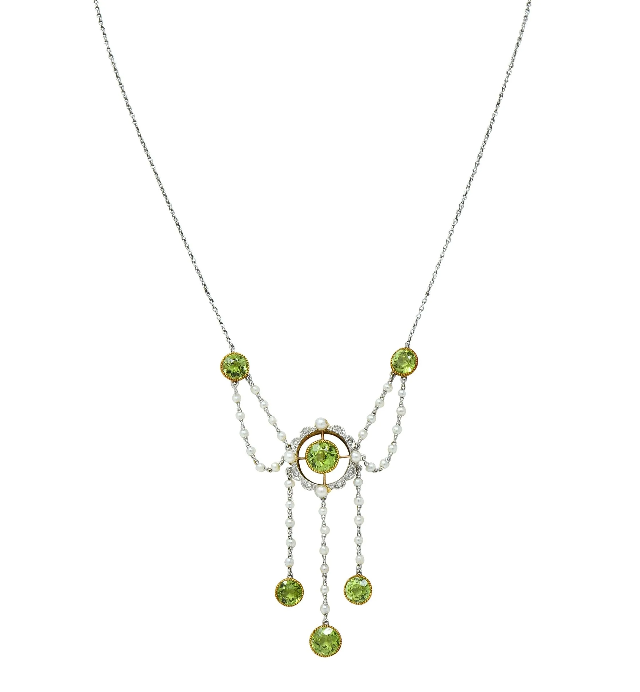 Edwardian Diamond Peridot Pearl Platinum 14 Karat Gold Swagged Fringe Necklace