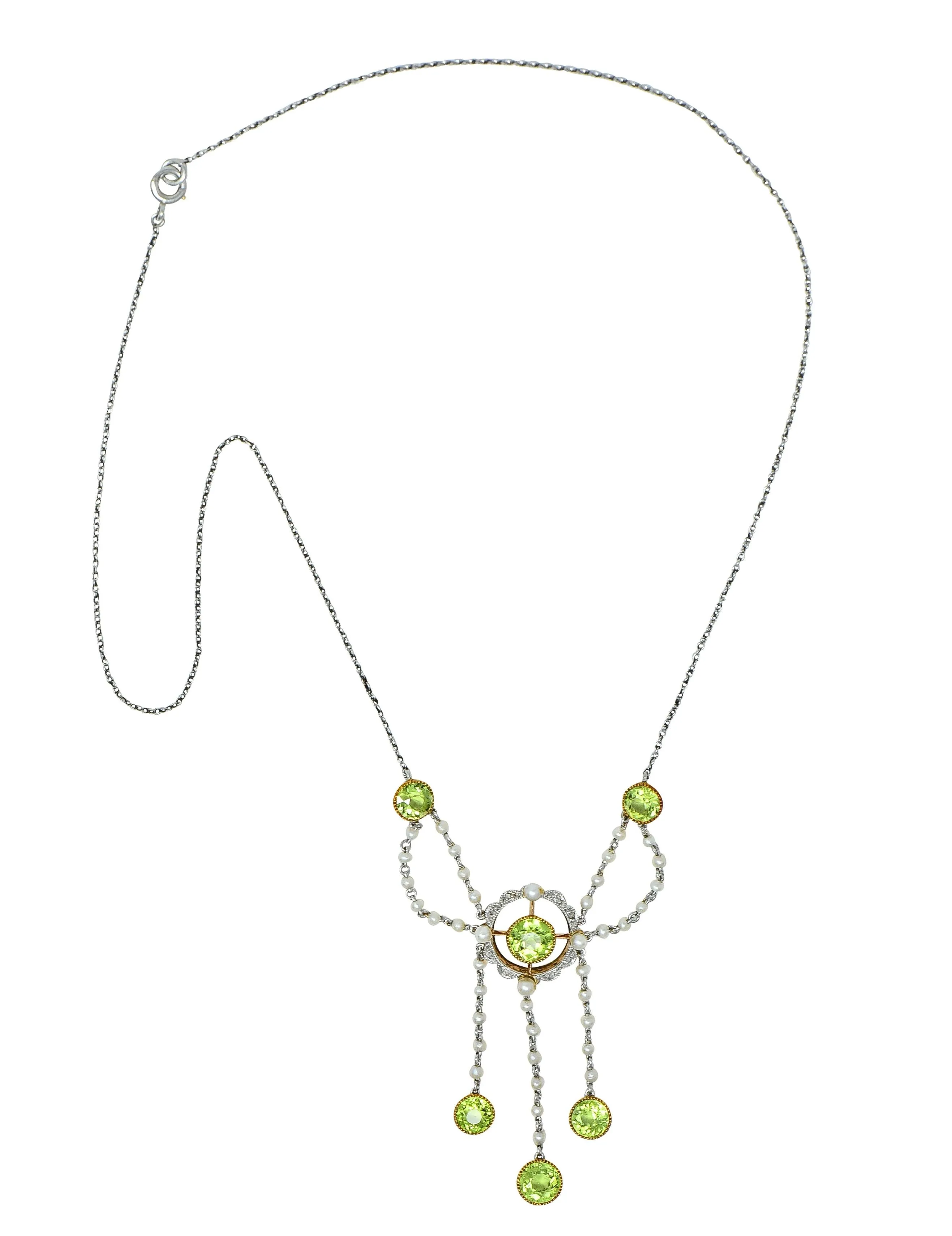 Edwardian Diamond Peridot Pearl Platinum 14 Karat Gold Swagged Fringe Necklace