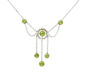 Edwardian Diamond Peridot Pearl Platinum 14 Karat Gold Swagged Fringe Necklace