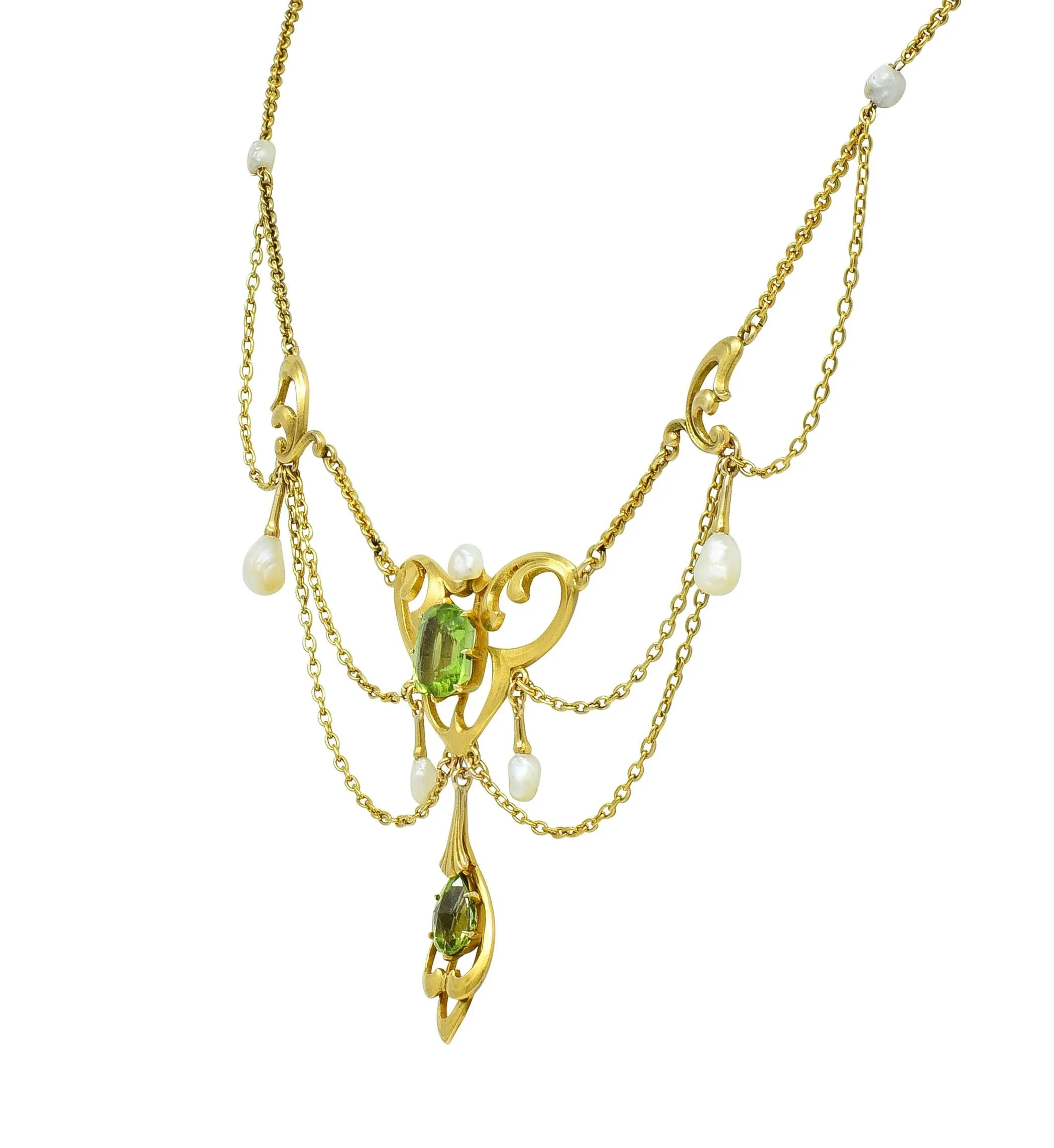 Edwardian Diamond Peridot Pearl Platinum 14 Karat Yellow Gold Antique Swagged Fringe Necklace