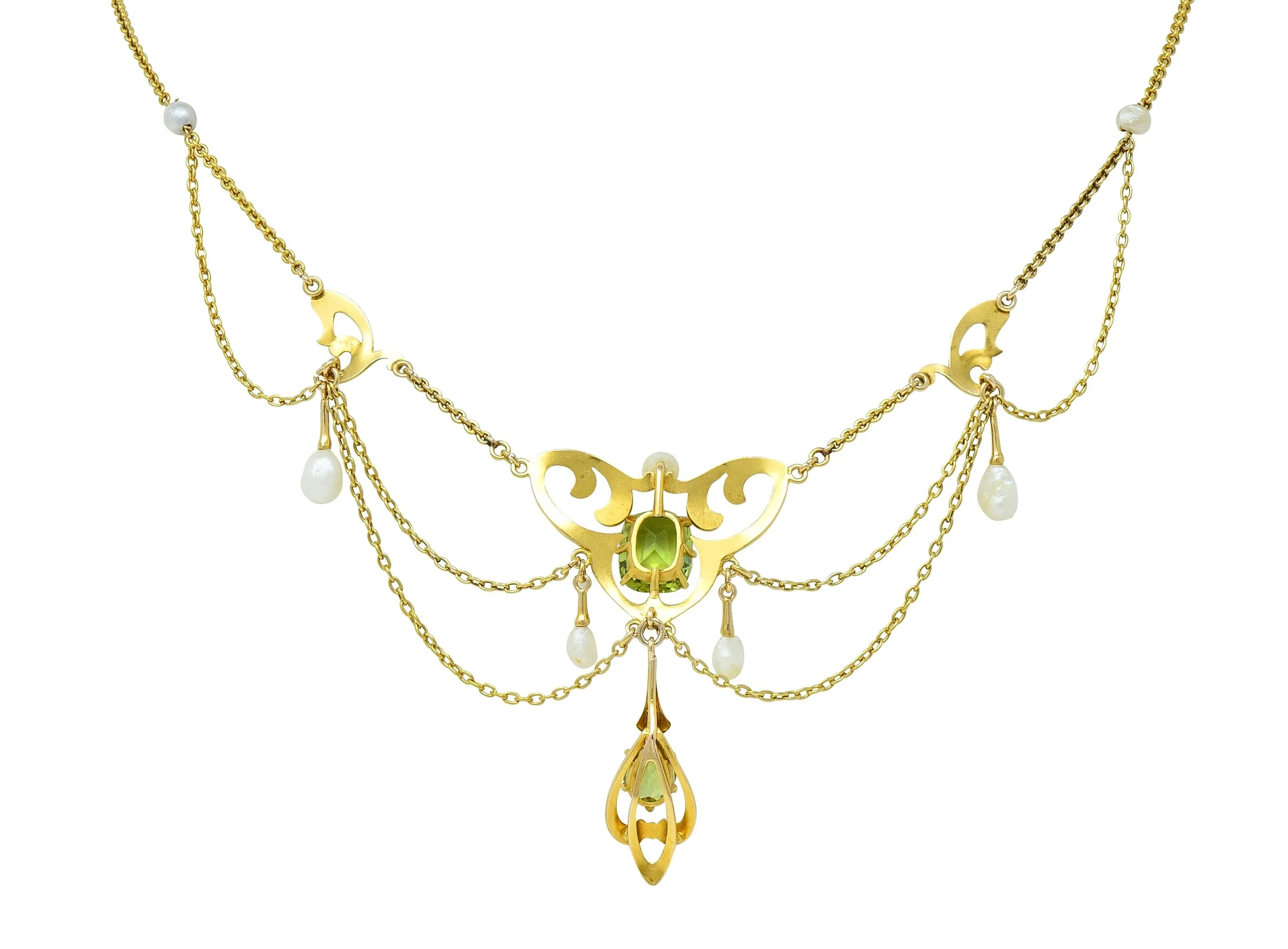 Edwardian Diamond Peridot Pearl Platinum 14 Karat Yellow Gold Antique Swagged Fringe Necklace