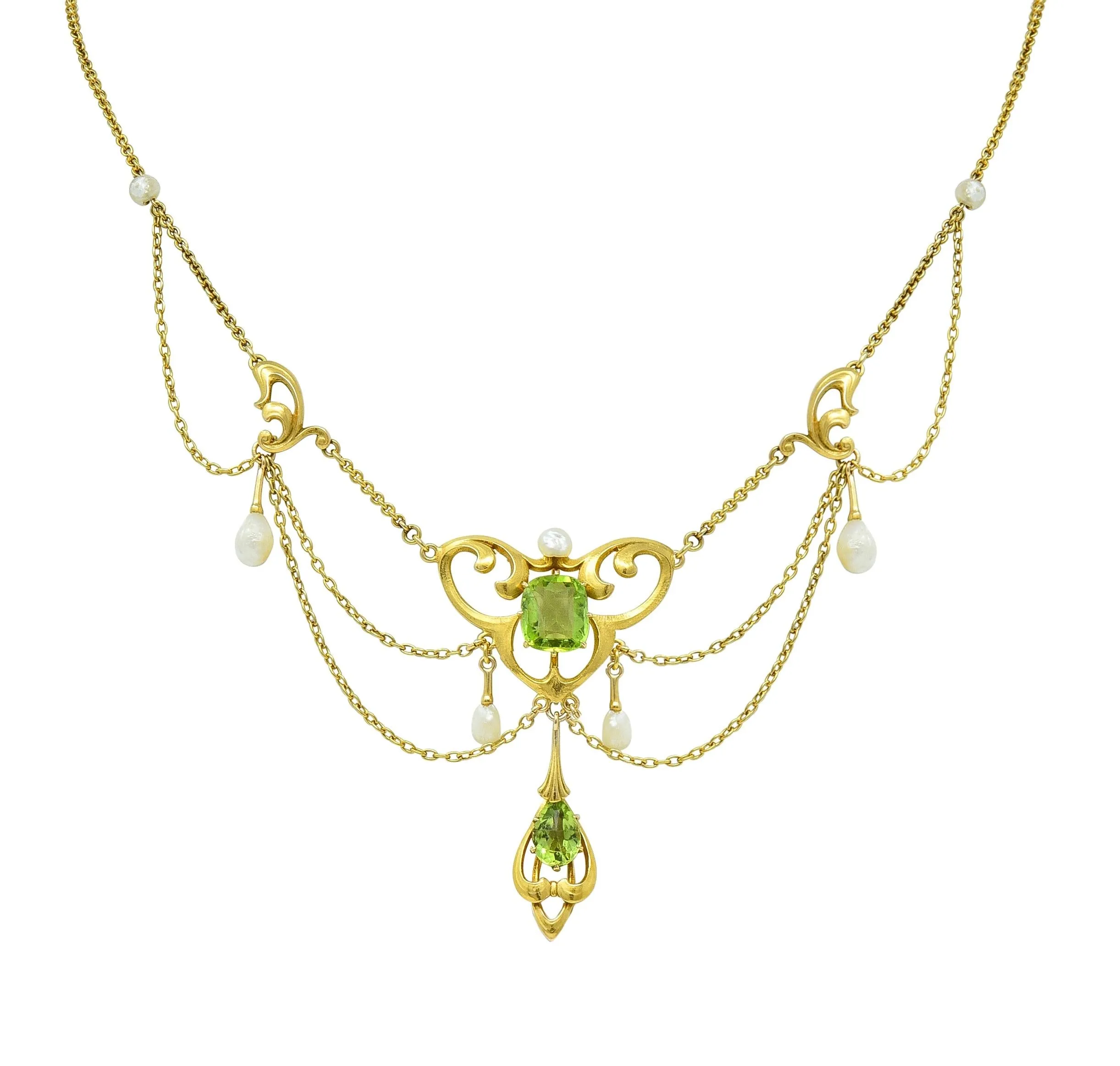 Edwardian Diamond Peridot Pearl Platinum 14 Karat Yellow Gold Antique Swagged Fringe Necklace