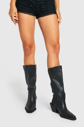 Embossed Pointed Western Knee High Boots