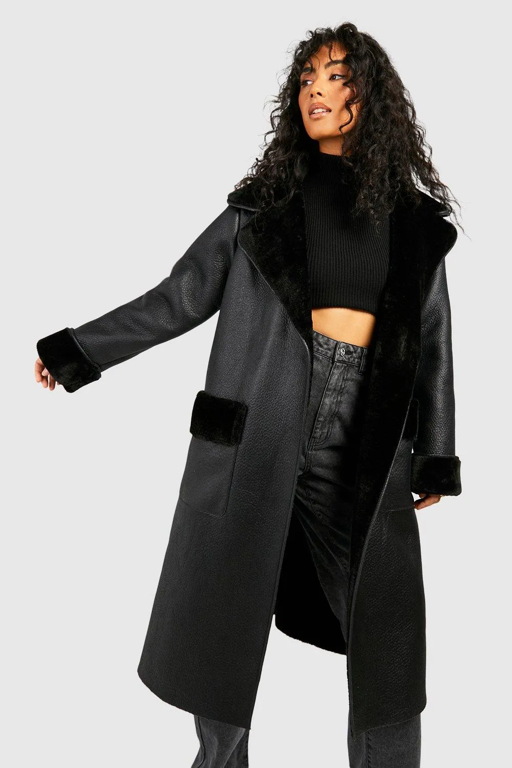 Faux Fur Shawl Collar Belted Faux Leather Coat