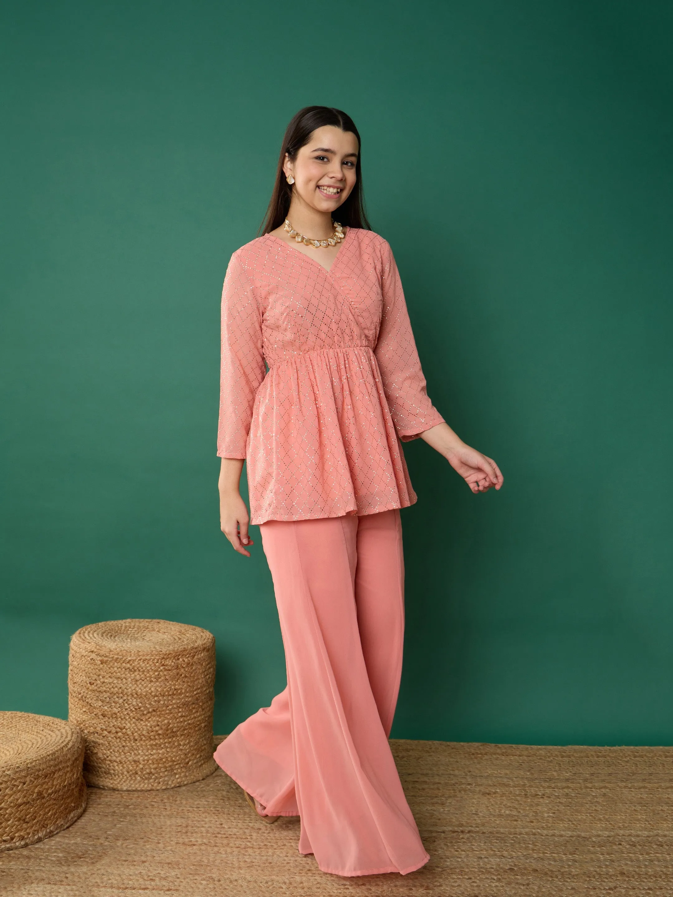 Girl Pink Mukesh Wrap Peplum Top With Palazzos