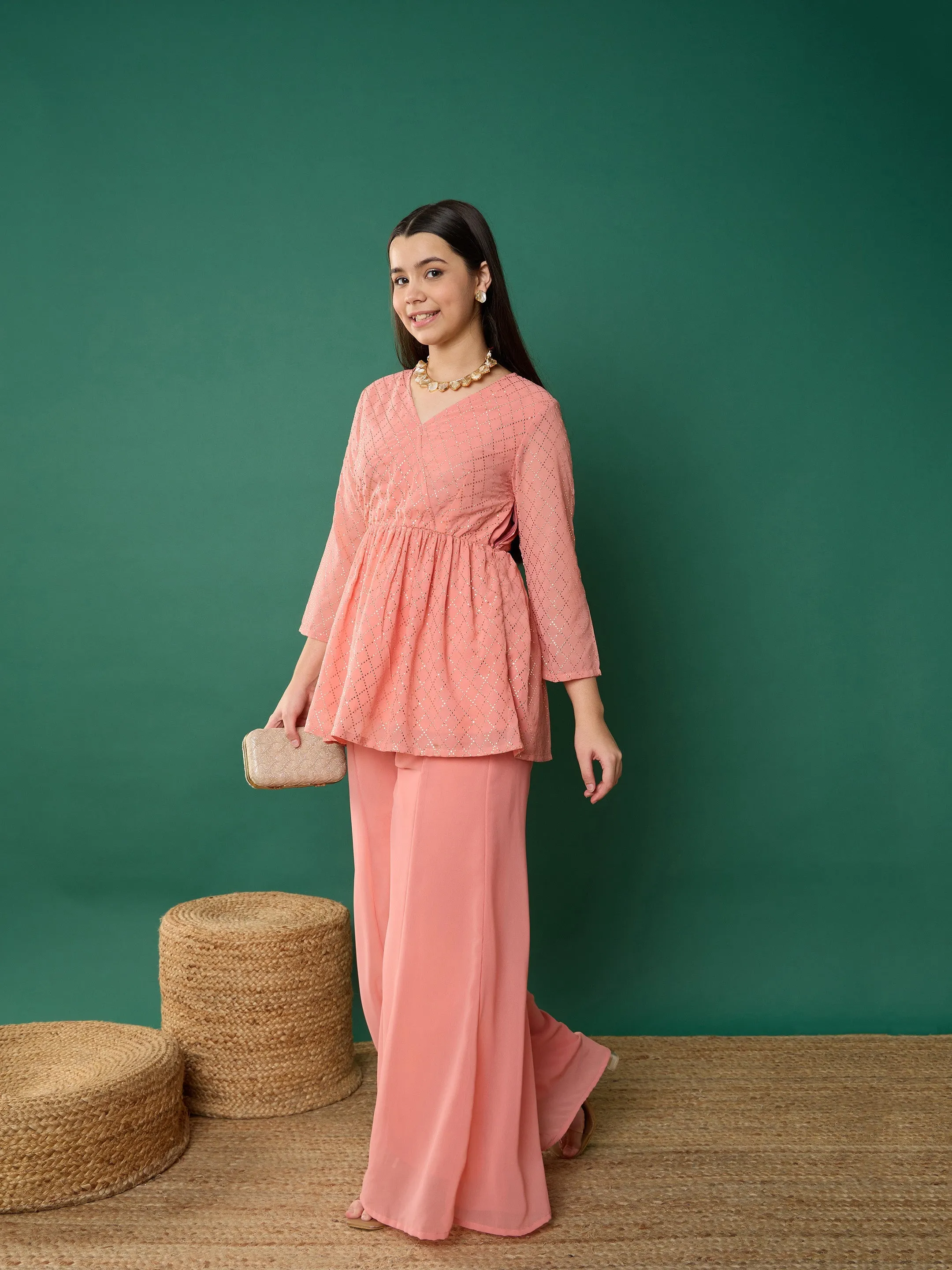 Girl Pink Mukesh Wrap Peplum Top With Palazzos