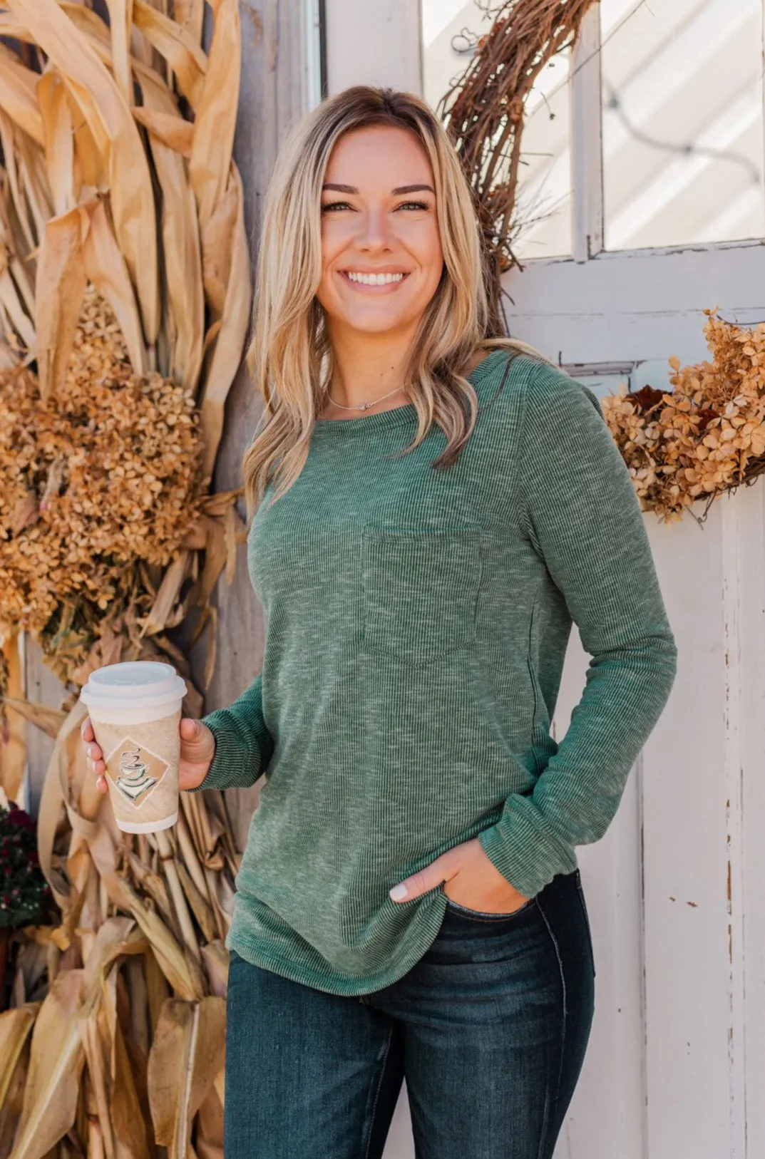 Harvest Happenings Knit Pocket Top- Forest Green