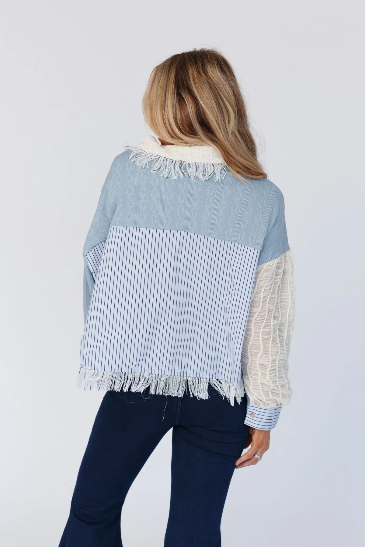 Juni Fringe Button Up Top - Blue Multi