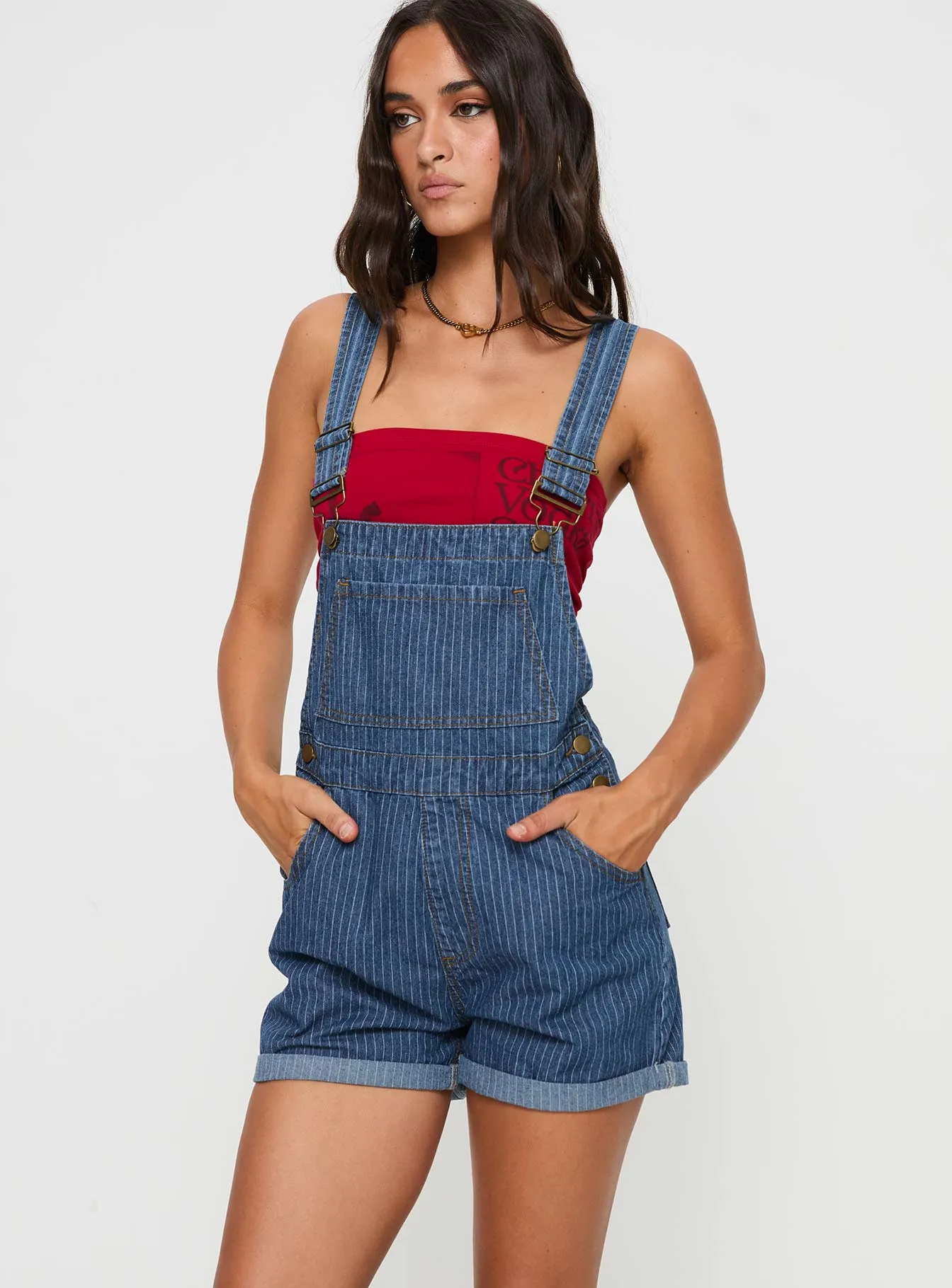 Kacey Overalls Mid Blue Pinstripe