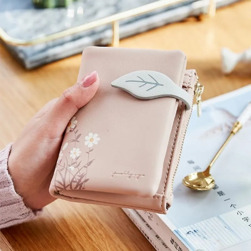 Leaves Small Wallet Women Hasp Zipper Purse Soft Pu Leather Ladies Wallet Card Holder Mini Girl Purse Clutch