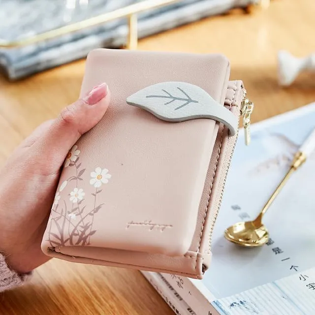 Leaves Small Wallet Women Hasp Zipper Purse Soft Pu Leather Ladies Wallet Card Holder Mini Girl Purse Clutch