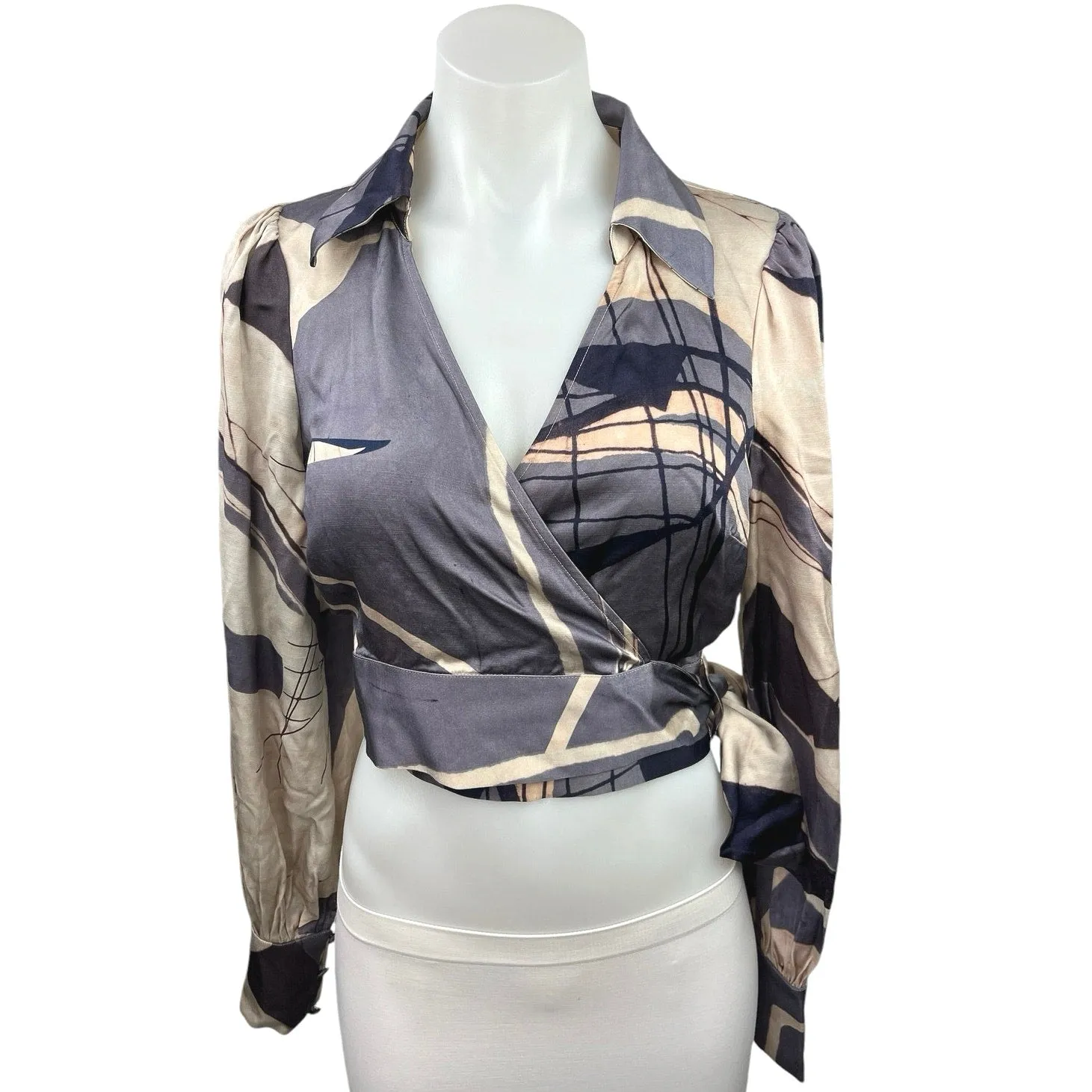 Los Angles Atelier & Other Stories Gray Beige Colorblock Wrap Crop Blouse Top 4