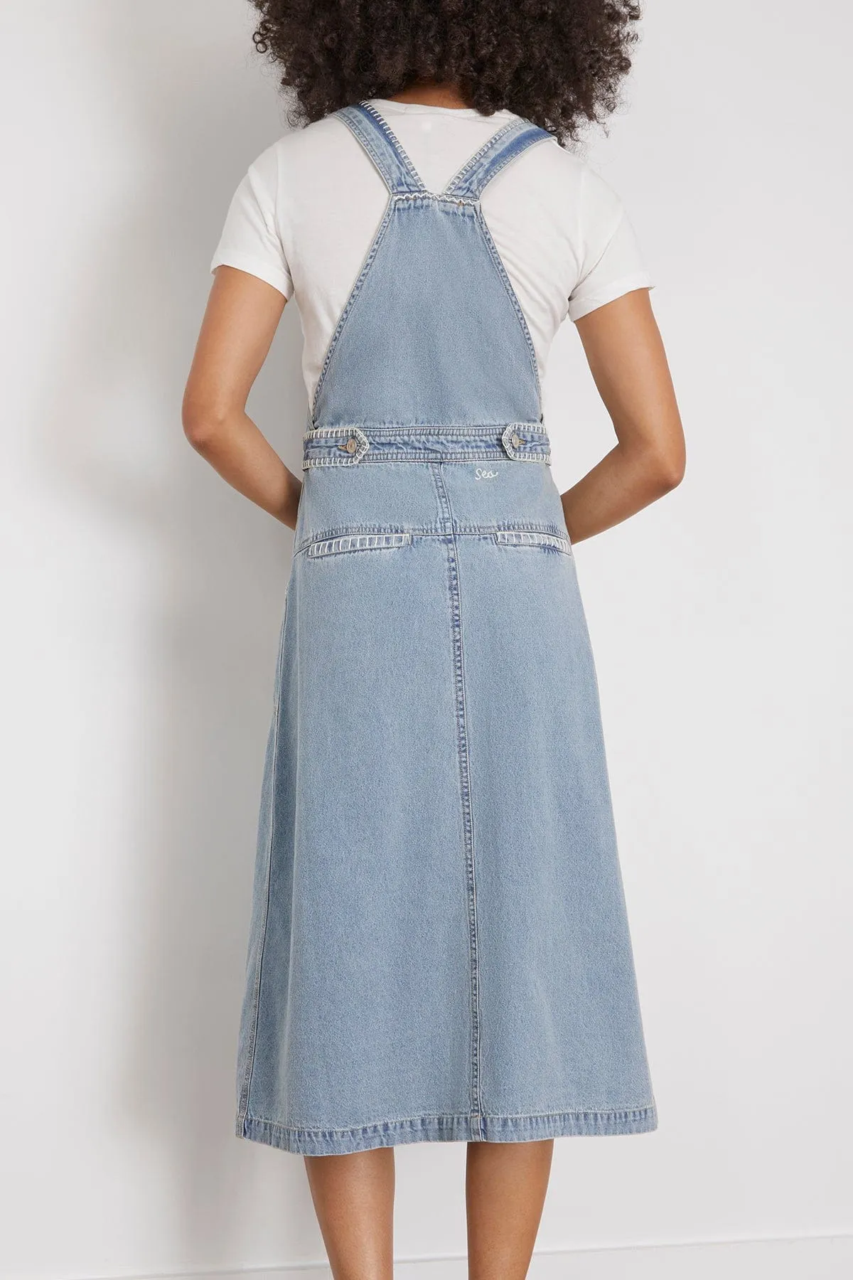 Marion Mended Denim Overall Dress in Blue