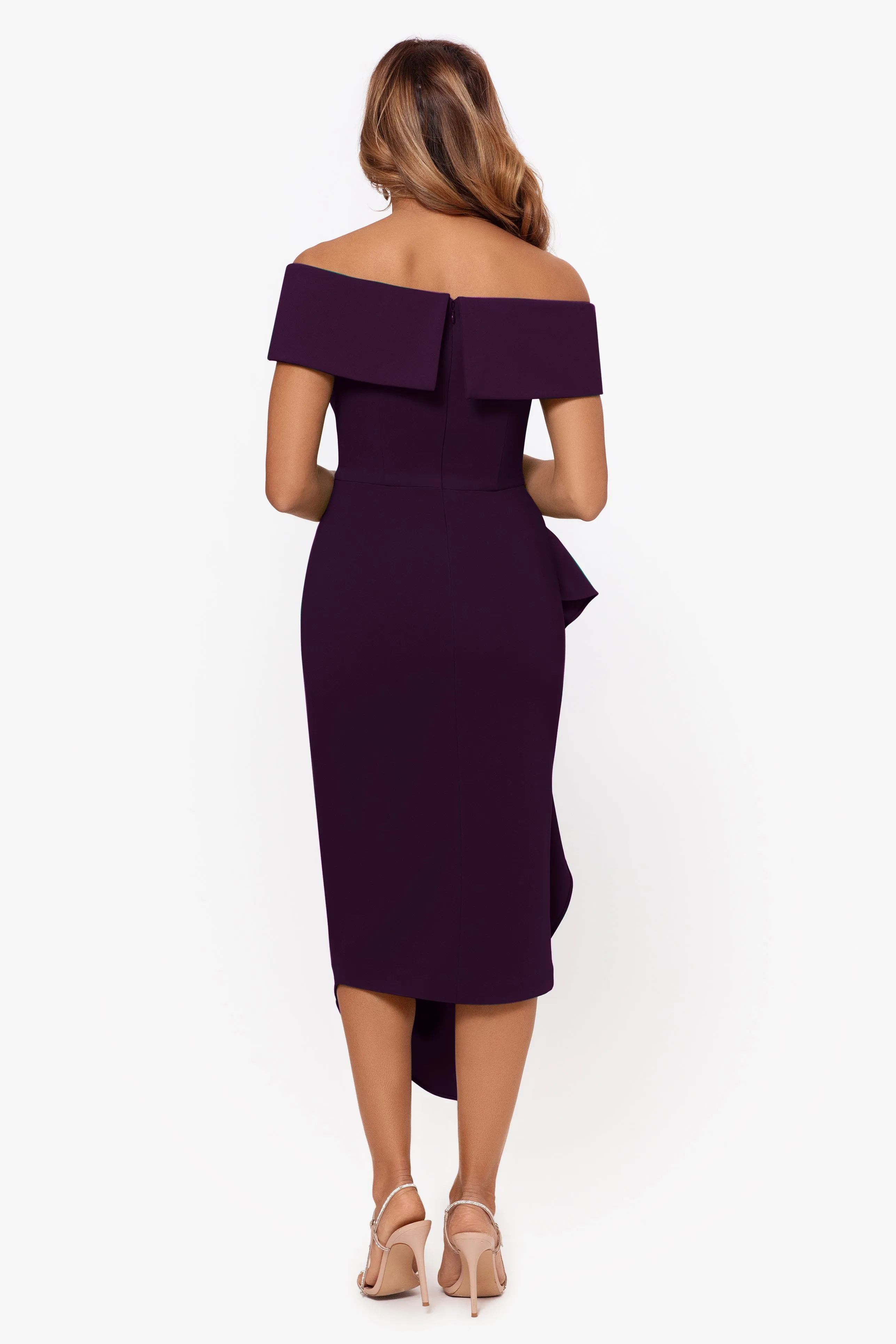 Maya Midi Scuba Crepe Off the Shoulder Cuff Side Ruching Dress