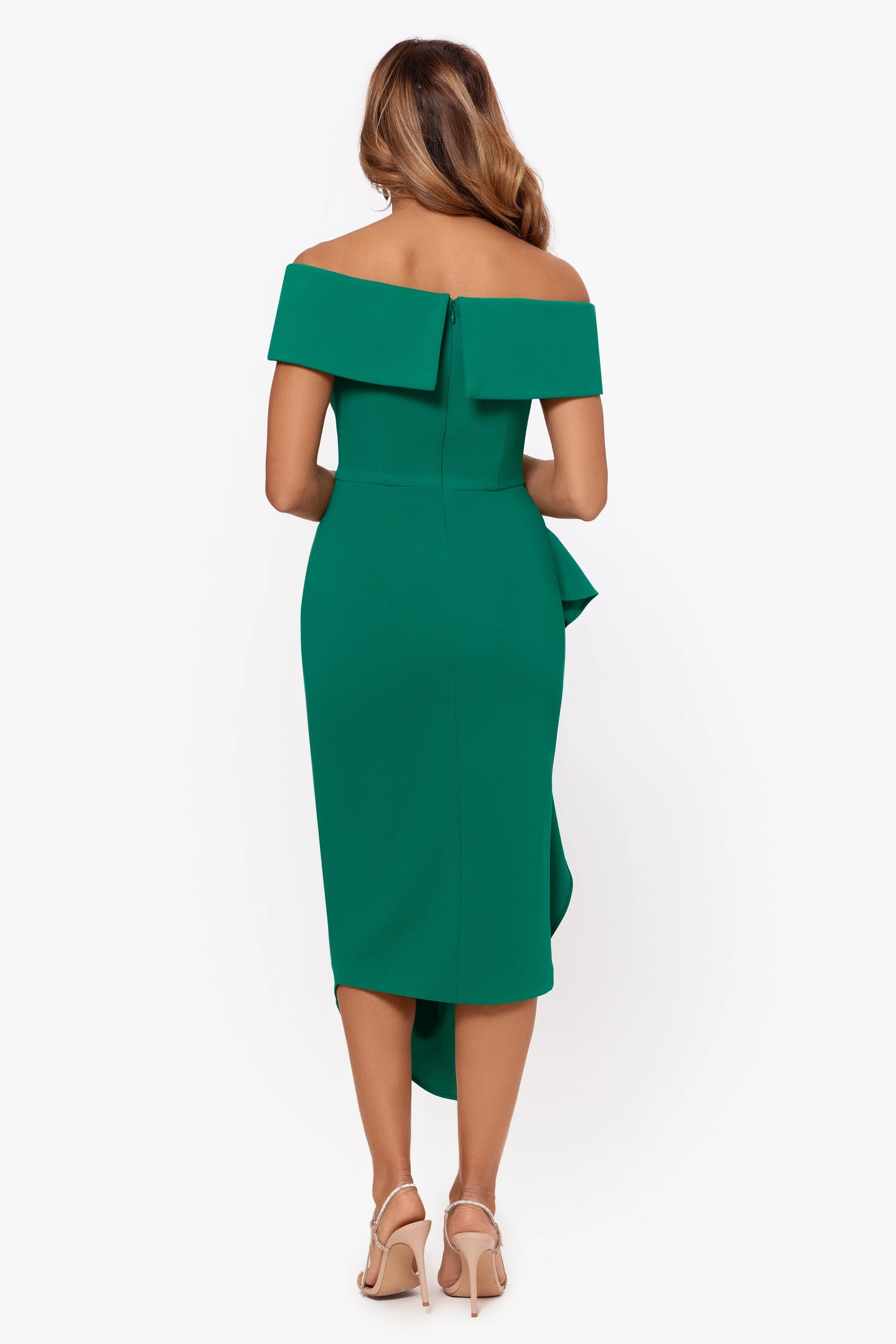 Maya Midi Scuba Crepe Off the Shoulder Cuff Side Ruching Dress