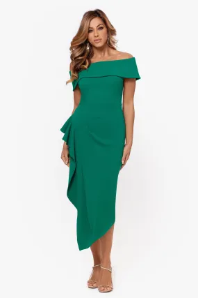 Maya Midi Scuba Crepe Off the Shoulder Cuff Side Ruching Dress