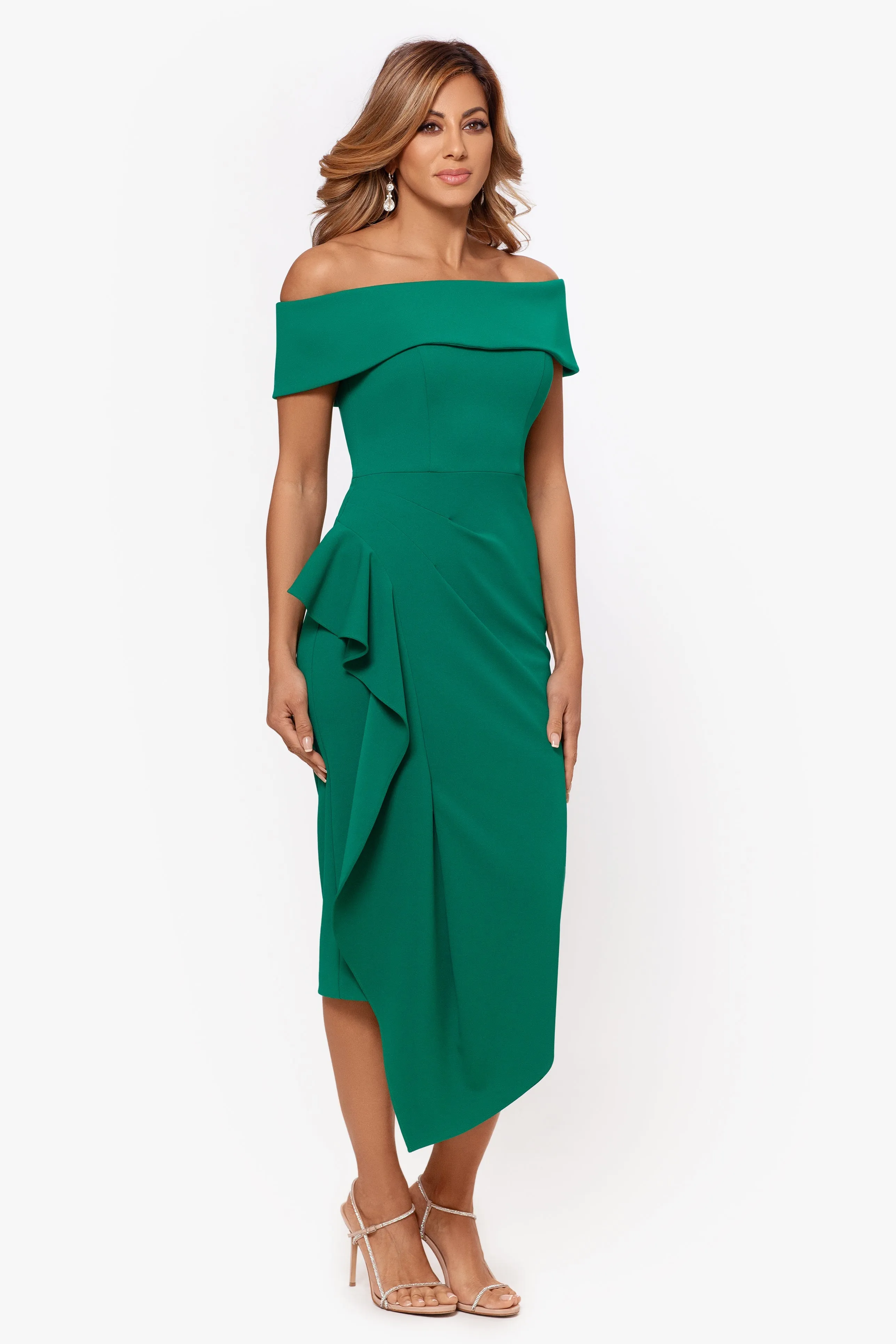 Maya Midi Scuba Crepe Off the Shoulder Cuff Side Ruching Dress