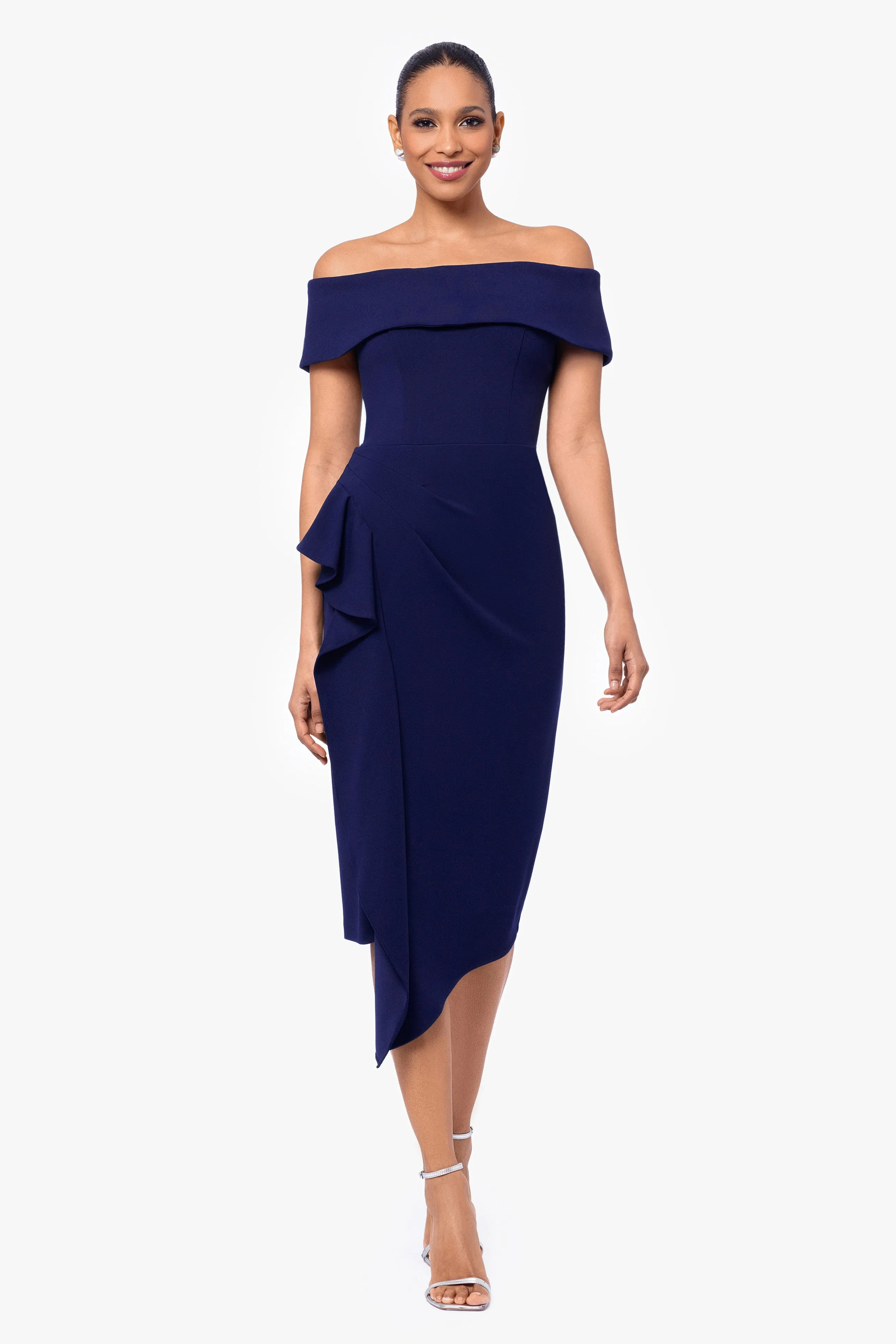 Maya Midi Scuba Crepe Off the Shoulder Cuff Side Ruching Dress