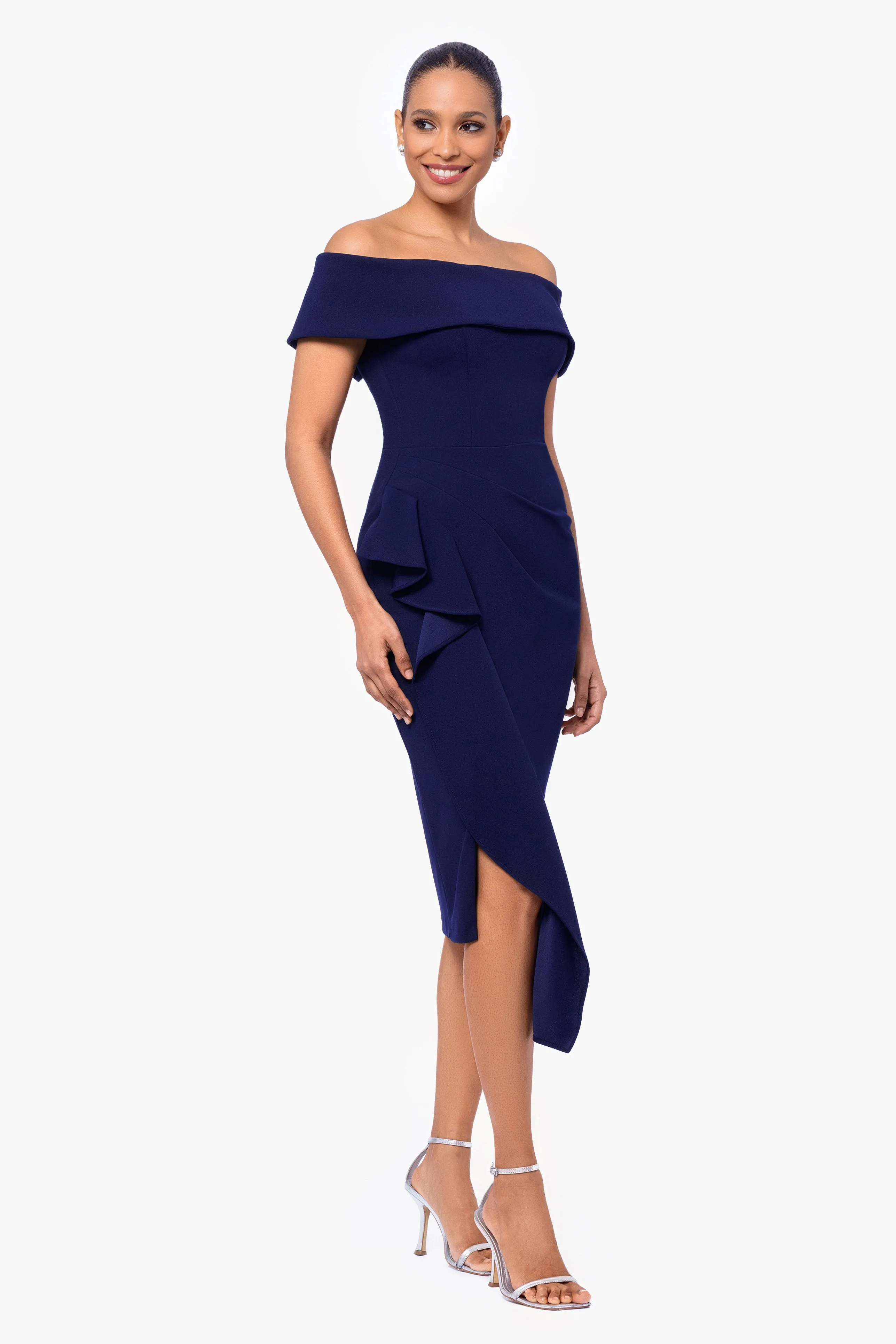 Maya Midi Scuba Crepe Off the Shoulder Cuff Side Ruching Dress