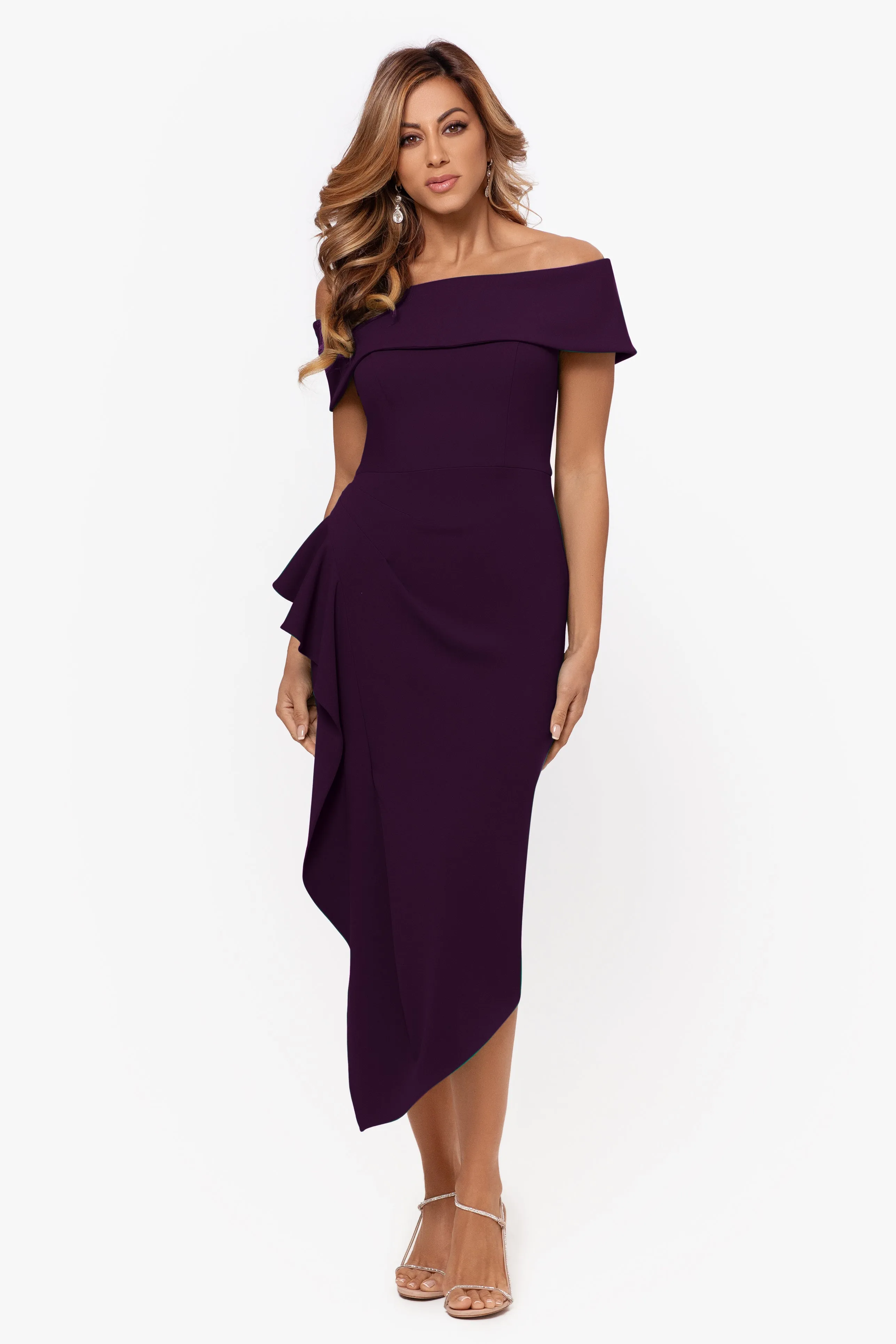 Maya Midi Scuba Crepe Off the Shoulder Cuff Side Ruching Dress