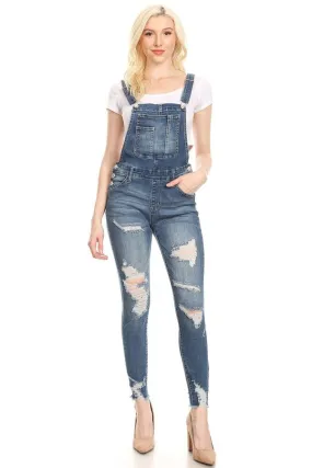 Medium Dark Distressed Stone Washed Denim Overalls