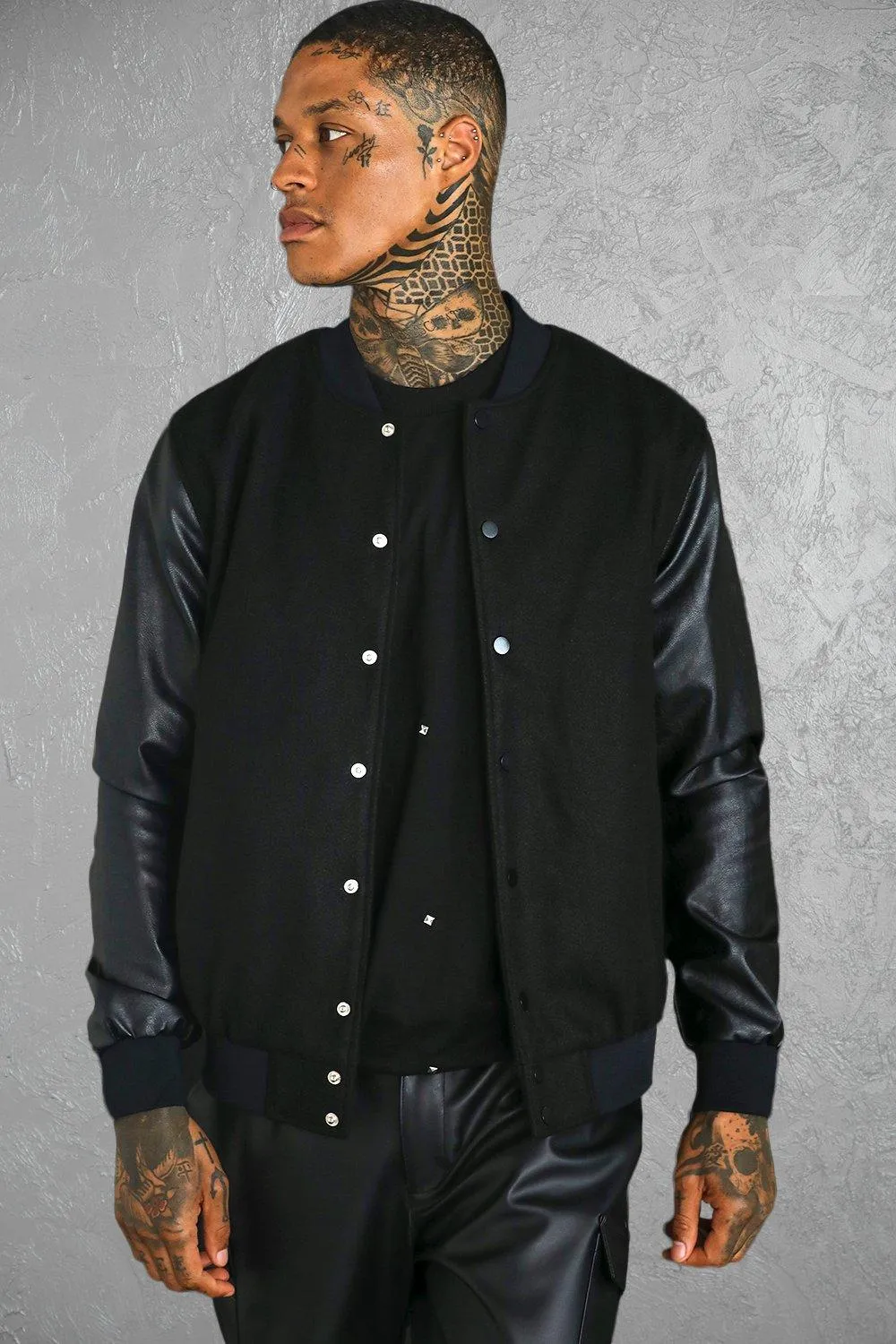 Melton Bomber With Leather Look Sleeves