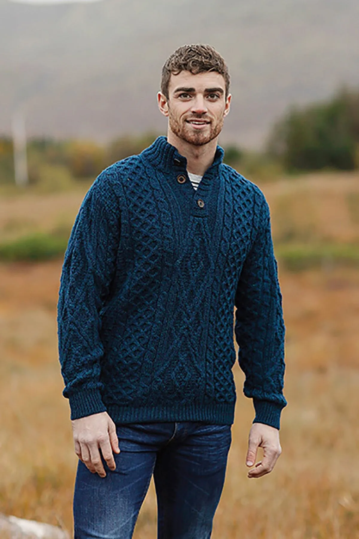 Mens Diamond Knit Troyer in Atlantic Blue